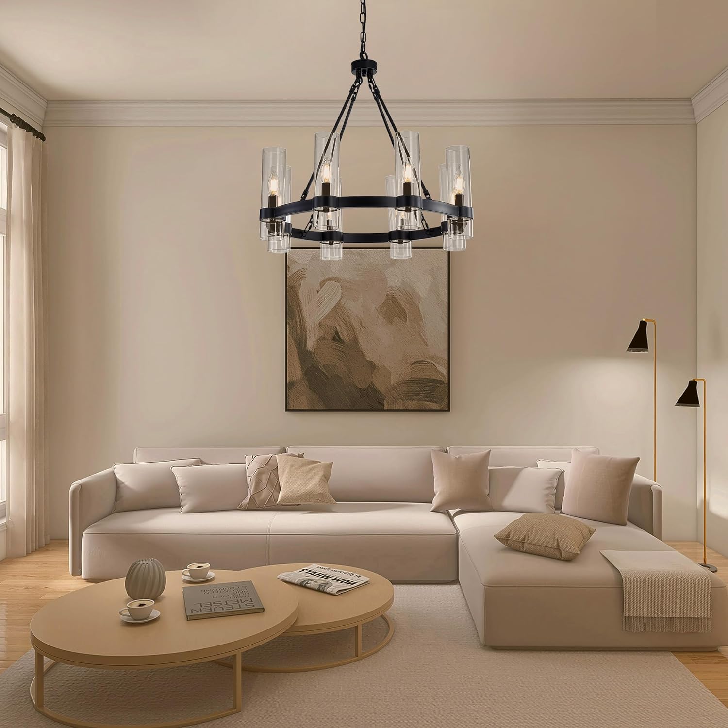 26-inch Black Wheel Pendant Light, 8-lamp Round Modern Farmhouse Style Ceiling Light with Glass Shade, Suitable for Kitchen Island, Dining Room, Living Room and Foyer.