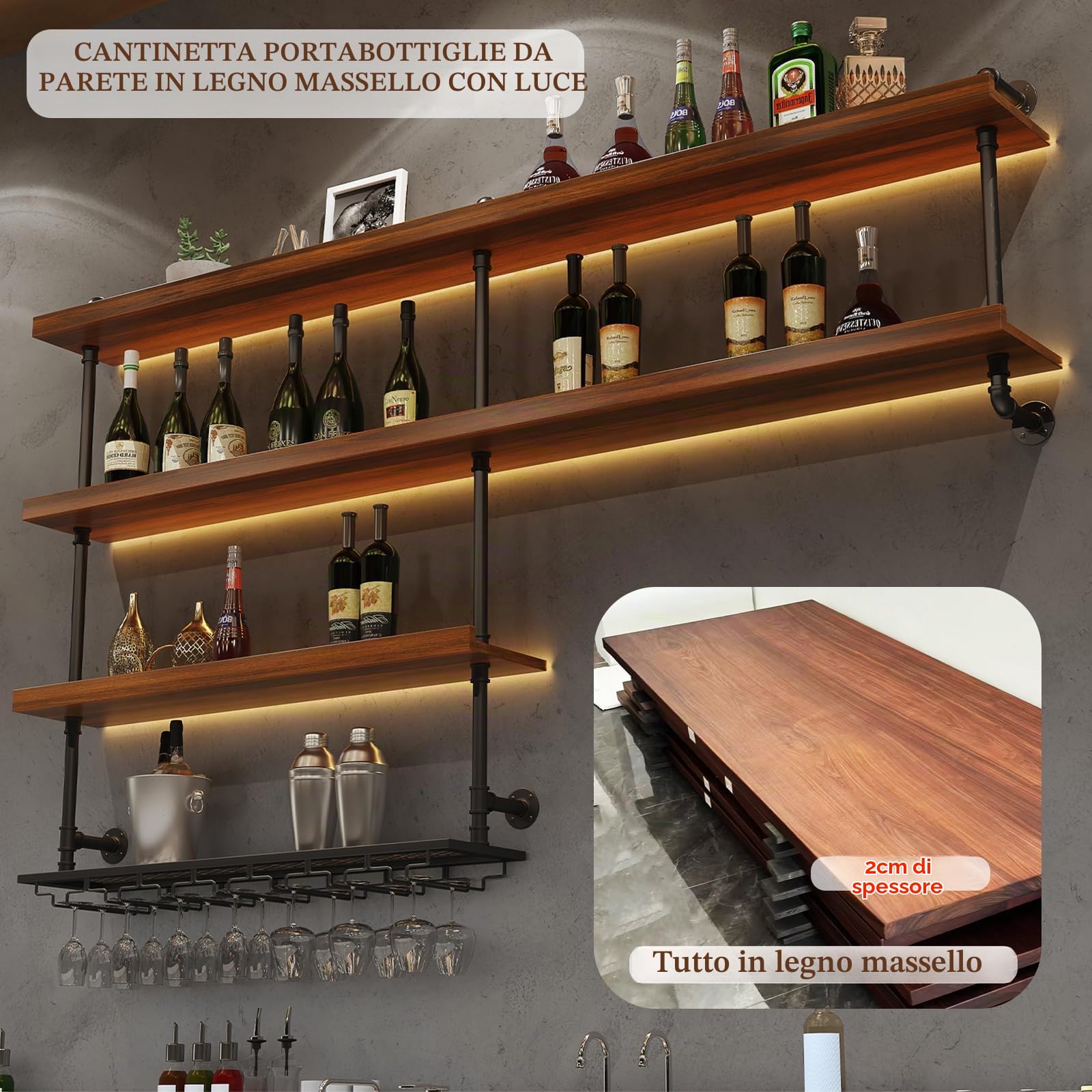 Portabottiglie da parete con supporto in vetro LED, Porta Industriali Bottiglie Di Vino Con Ripiano Espositivo, Enoteca Galleggiante A Parete in Legno, applica casa bar sala da pranzo cucina (100cm)