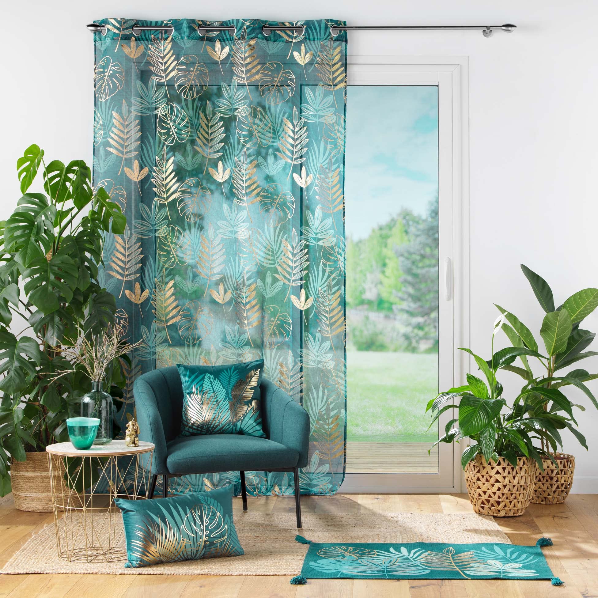 Douceur d'Intérieur, Ornella - Visillo con Ojales (140 x 240 cm, Esmeralda, Visillo Arenado, Estampado Metalizado