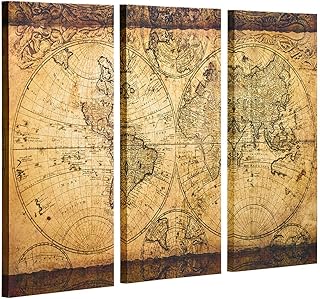 Decor MI Vintage World Map Canvas Wall Art Prints Stretched Framed Ready to Hang Map Artwork World Map Wall Decor for Living Room Bedroom Office 16"x32" 3pcs