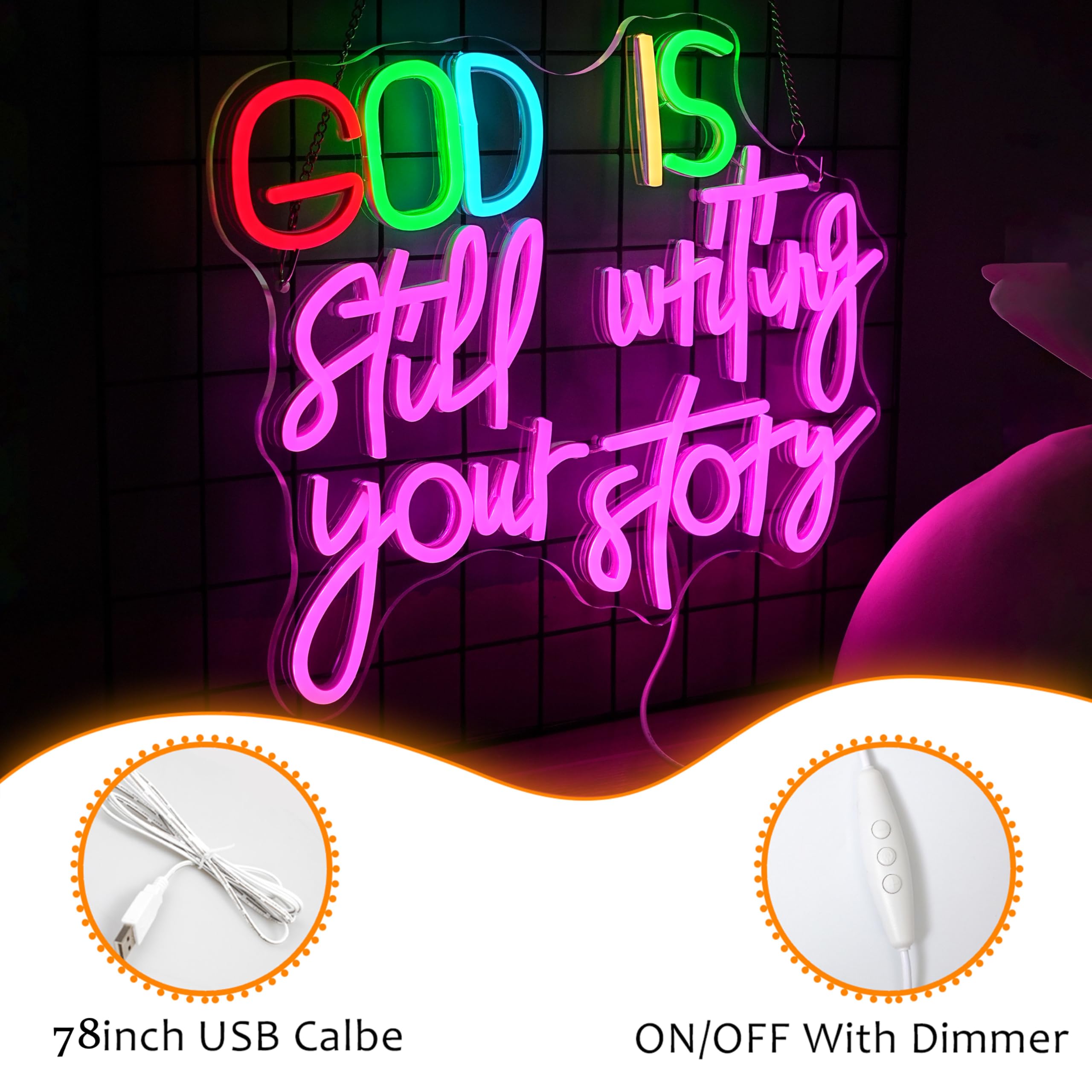 LISIGNVE Insegna al neon con scritta in lingua inglese "God Is Still Writing Your Story" alimentata tramite USB, decorazione da parete, dimmerabile, luce al neon a LED, per chiesa, camera da letto
