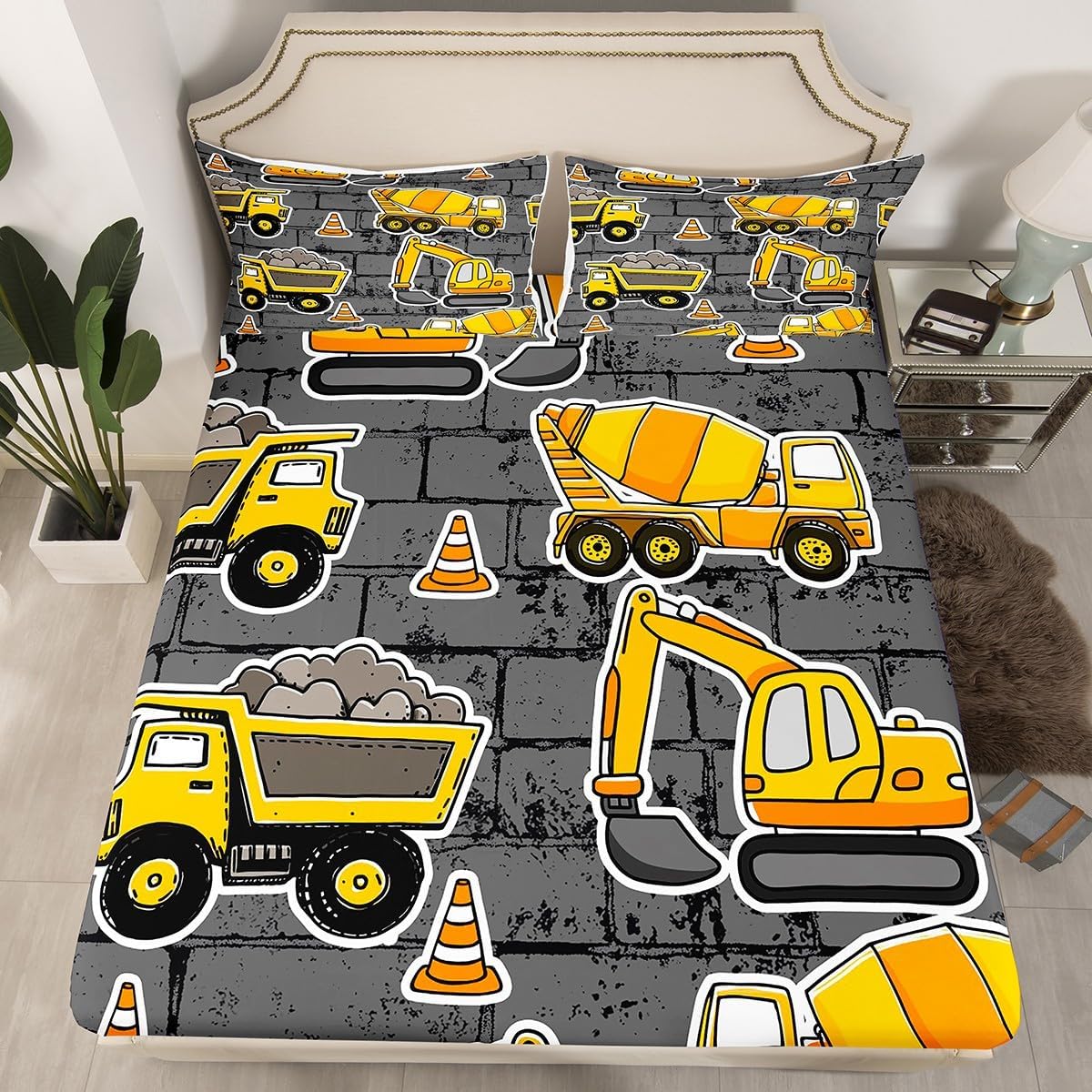 Erosebridal Boys Excavator Bedding Set Twin Size, Tractor Truck Fitted Sheet for Kids Child Girls Teens Bedroom, Construction Vehicle Crane Bed Set Blender Gray Wall Cartoon Bed Cover, Grey Yellow