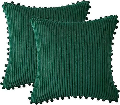 sykting Juego de 2 fundas de almohada de color verde esmeralda de 18 x 18 pulgadas, suaves, decorativas, estilo bohemio, rural, con pompones, para