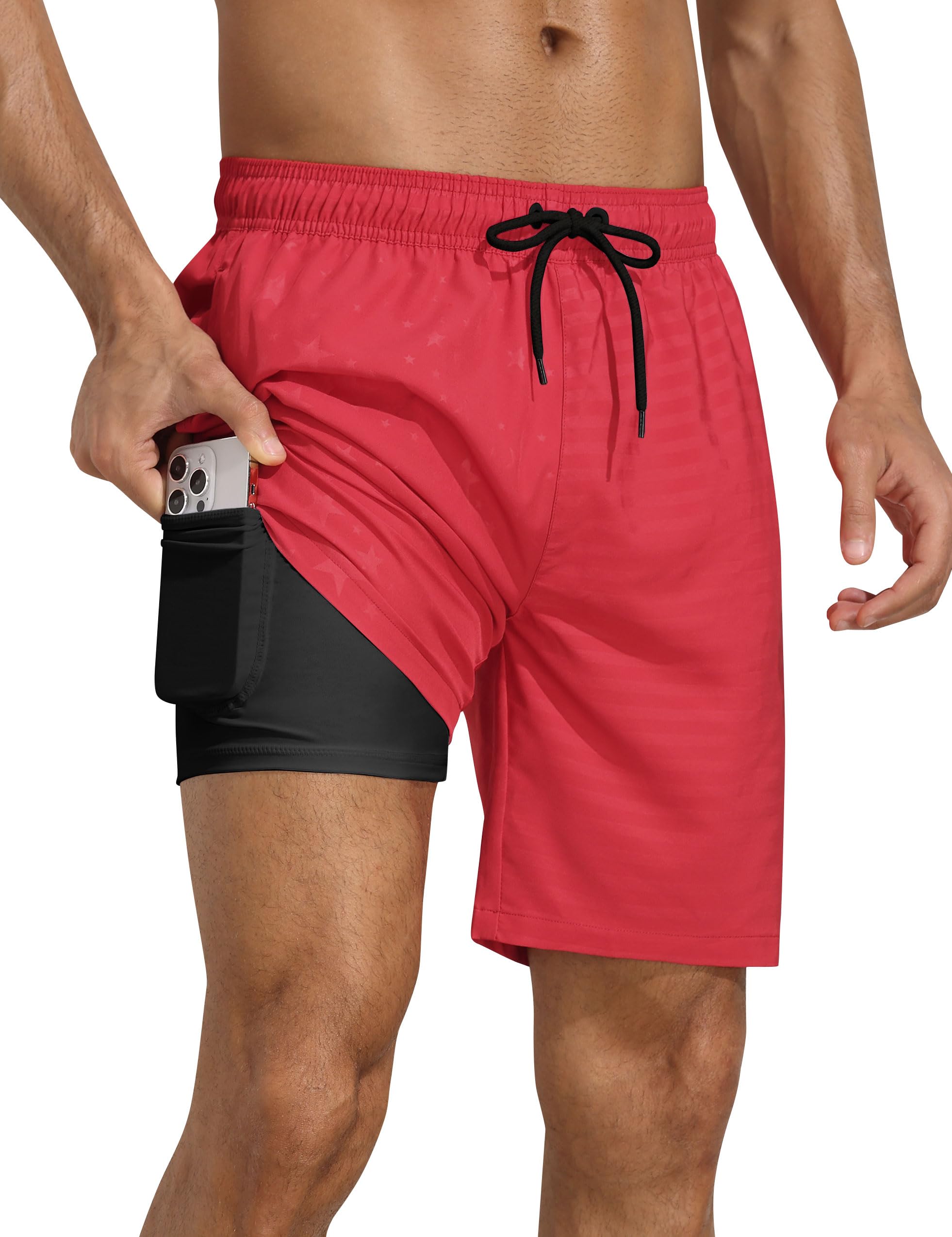 Nonwe Men's Swim Trunks with Compression Liner Quick Dry 7" Bathing Suits Tropical Board Shorts with Liner Pocket