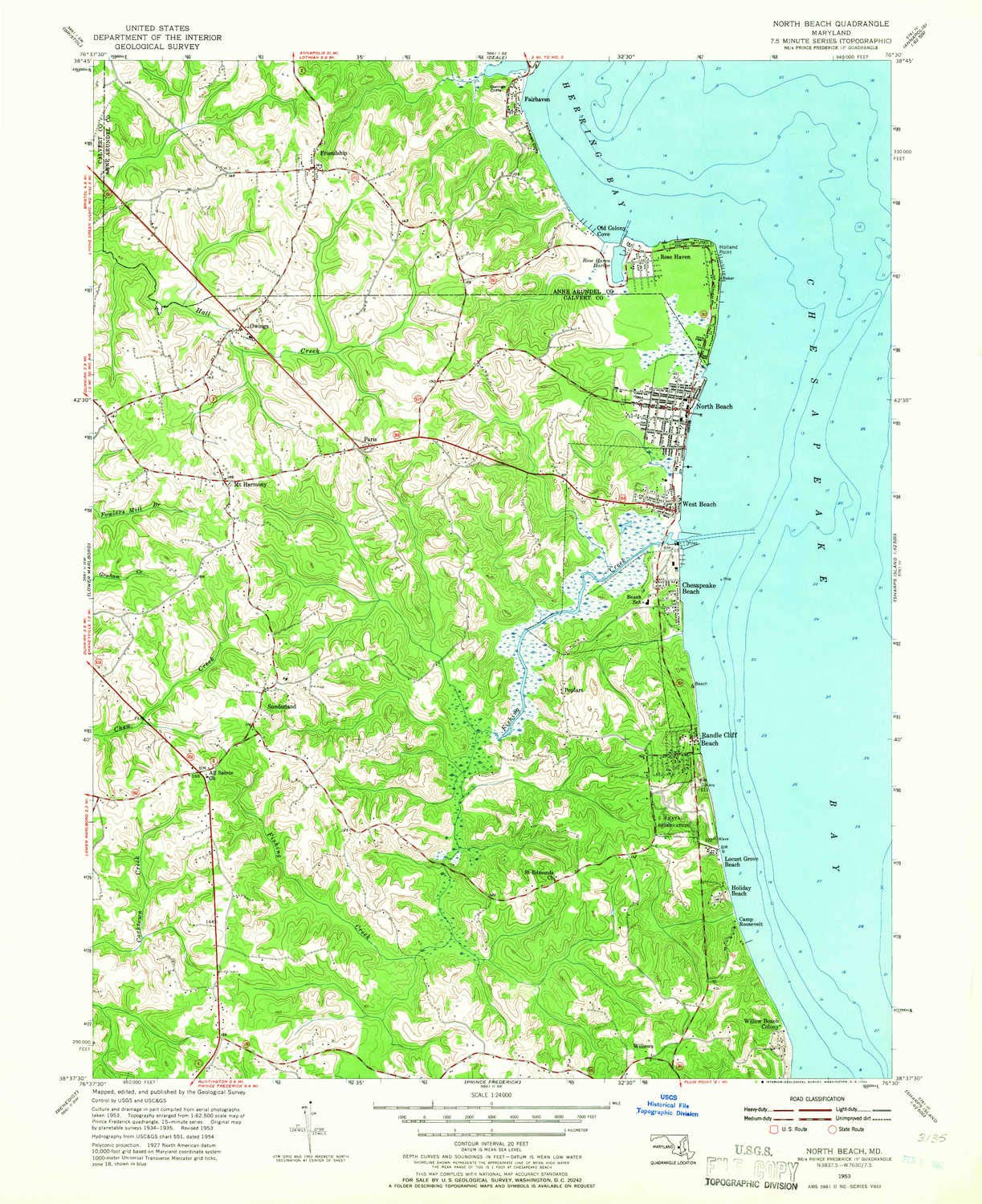YellowMaps North Beach MD topo map, 1:24000 Scale, 7.5 X 7.5 Minute, Historical, 1953, Updated 1966, 26.9 x 21.9 in