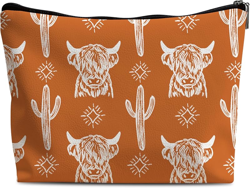 Necessaire de maquiagem retangular Lacosu em couro com estampa Leather COW-R, 20,07 cm x 19,05 cm x 0,76 cm