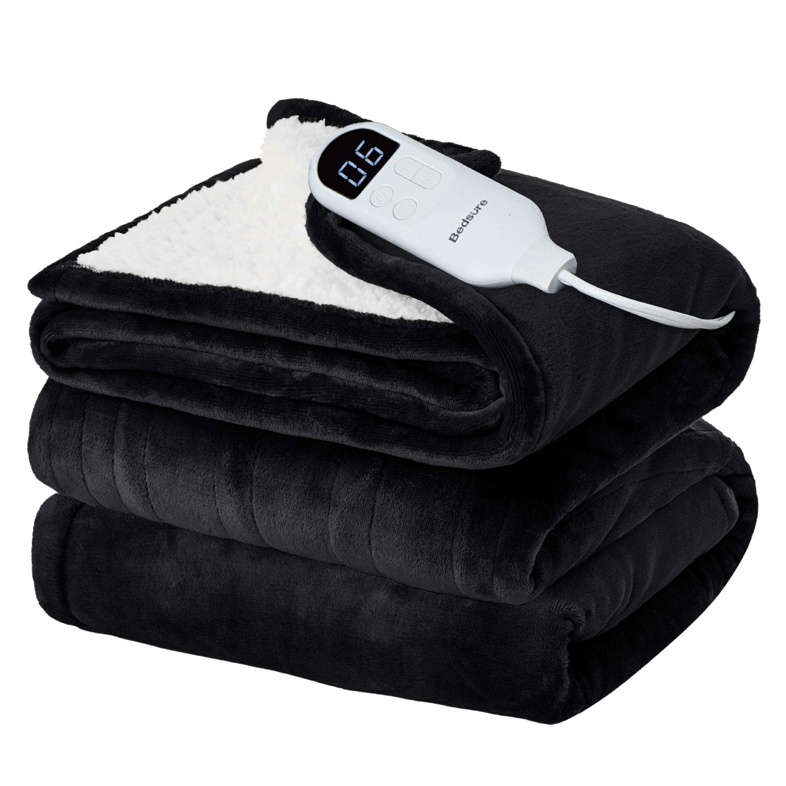 Bedsure Heated Blanket Throw XL, Soft Electric Blanket with Preheat, Black