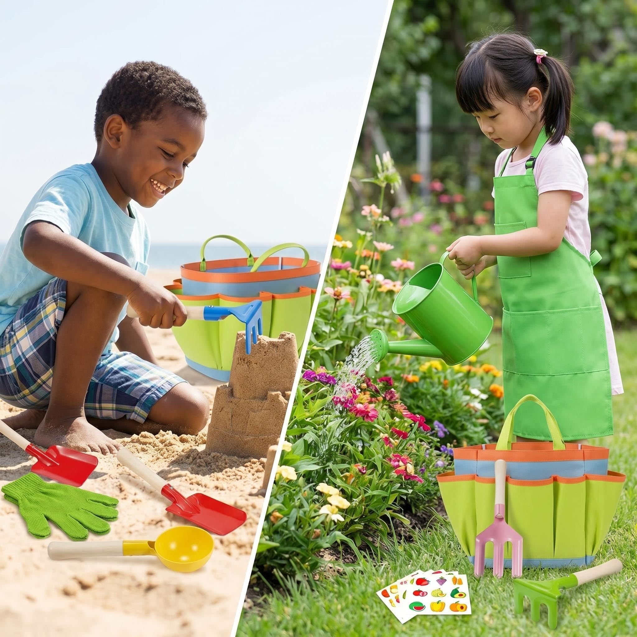 KAHEIGN Lot de 12 outils de jardinage pour enfants, cuillère, fourchette, truelle, râteau, pelle cylindrique avec sac fourre-tout, arrosoir, gants, tablier, étiquettes de plantes, autocollants pour