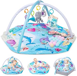 5-in-1 Baby Play Gym Mat,Tummy Time Activity Mat & Ball Pit with 8 Detachable Toys,Non Slip Washable Infant Floor Mat Activity Gym for Toddler Sensory and Motor Skill Development,Baby Toys Gift