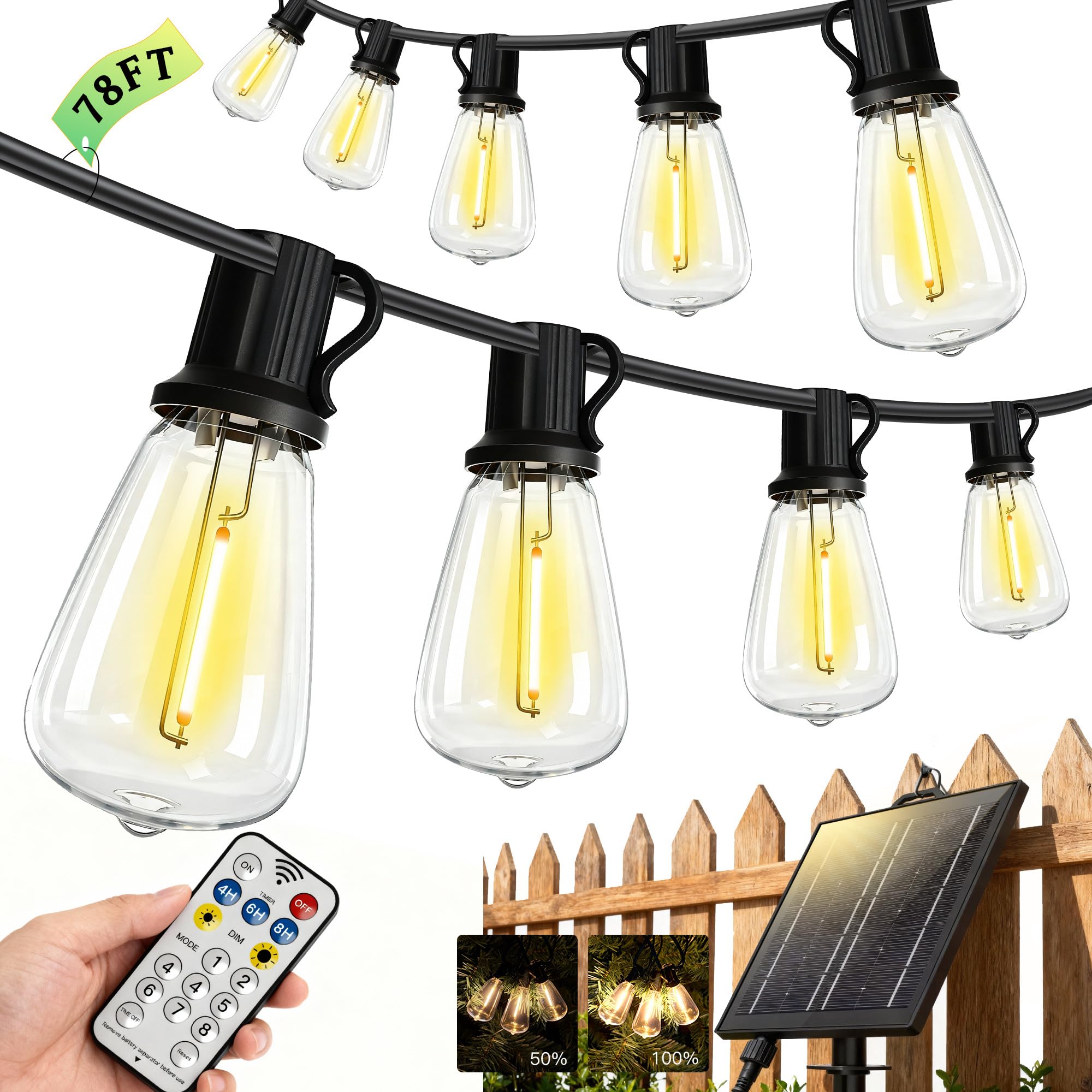 Guirnalda de luces solares para exteriores IP65, impermeable, luz de jardín USB y carga solar, con control remoto y 36 + 2 bombillas LED inastillables, 8 modos de luz, luces solares regulables