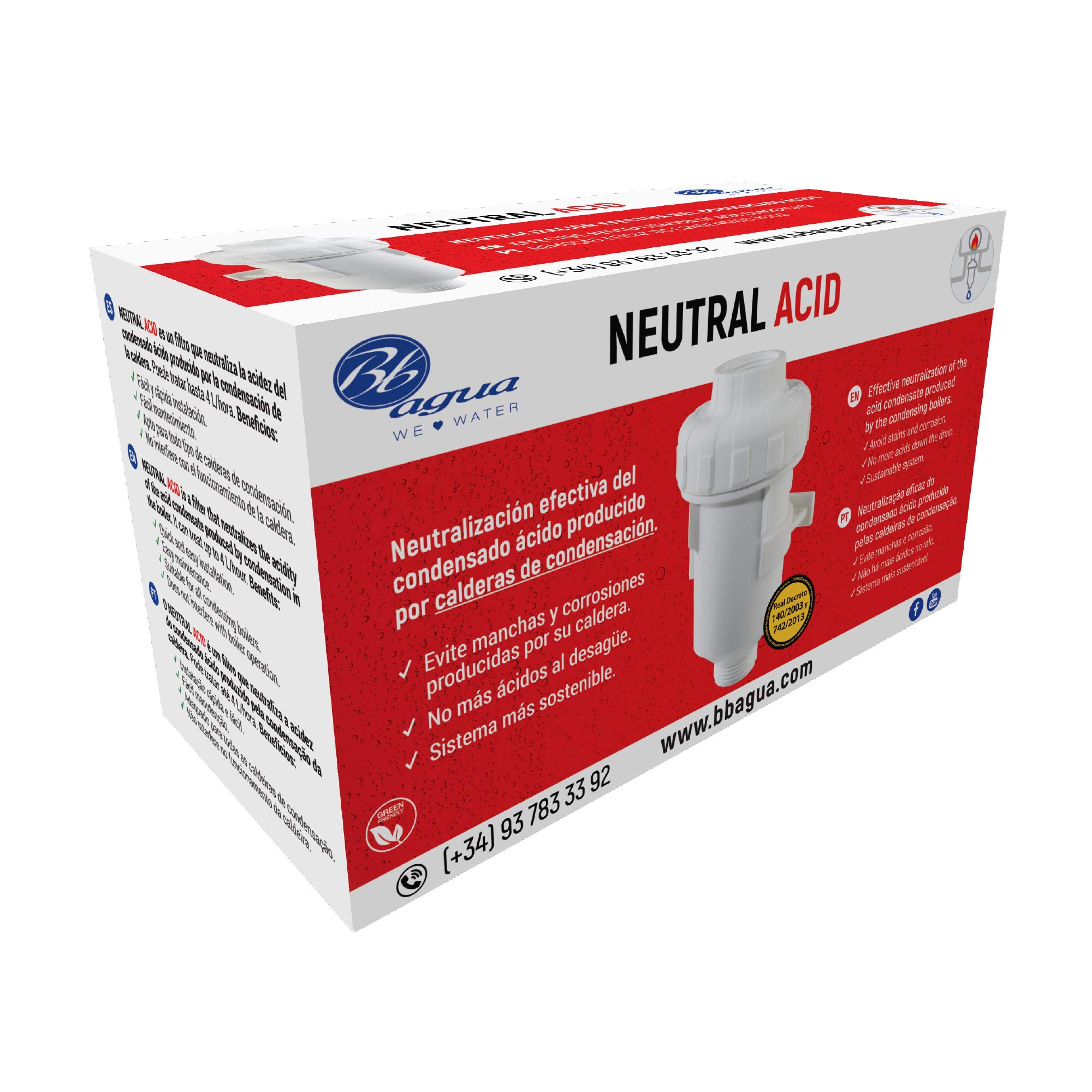Filtro Neutral Acid. Neutraliza el condensado de ácido producido por la caldera alargando la vida y reduciendo el mantenimiento. Fácil limpieza y mantenimiento. Bbagua.