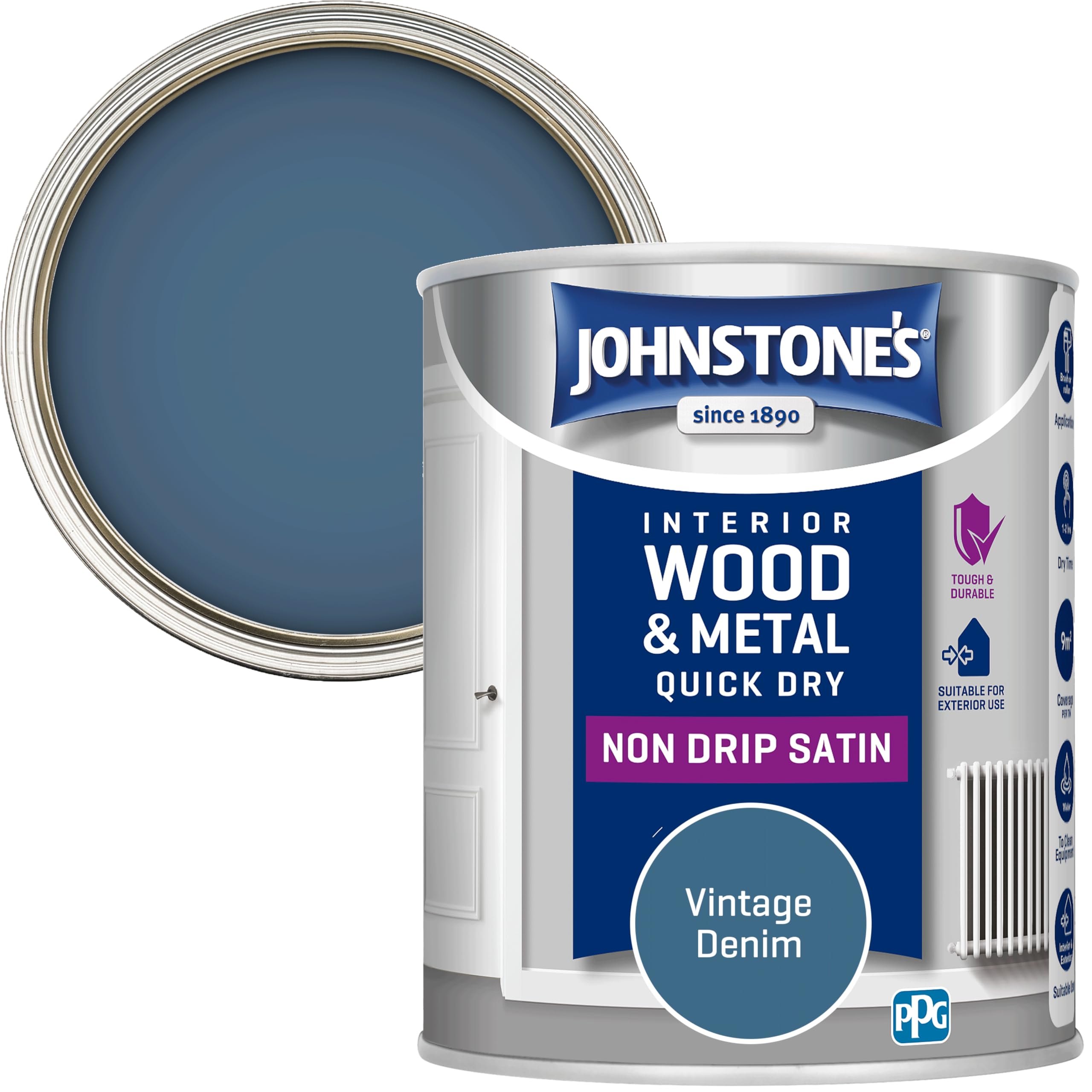 Johnstones Interior Wood & Metal Quick Dry Satin Paint 750Ml Vintage Denim 5010426813769