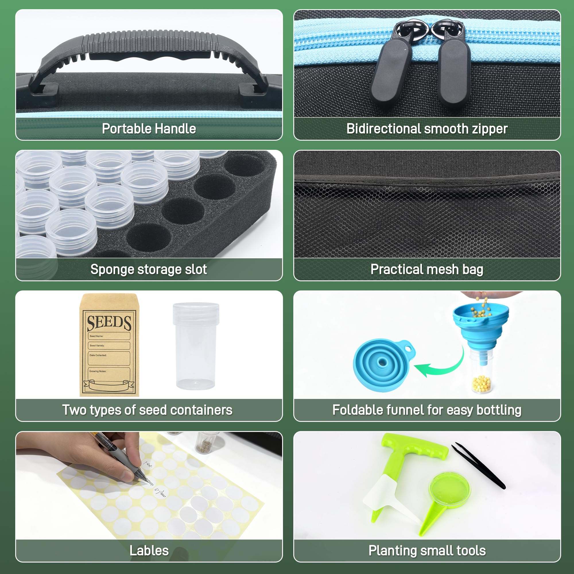 Kit organizador de almacenamiento de semillas de 140 ranuras con 20 sobres, caja de almacenamiento de semillas impermeable, botellas transparentes, pinzas, embudo, sembrador para verduras