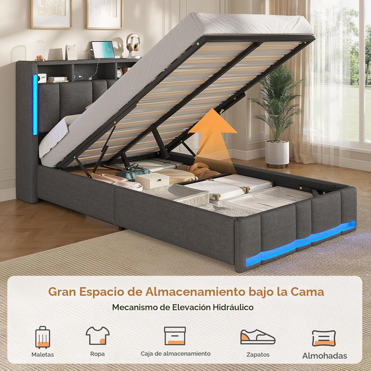 AOGLLATI Cama Individual 90x200 cm, Cama Canape con Almacenamiento Hidráulico y iluminación LED, Somier con Estación de Carga y Cabecero Tapizado, Moderno, Gris Oscuro, Sin Colchón