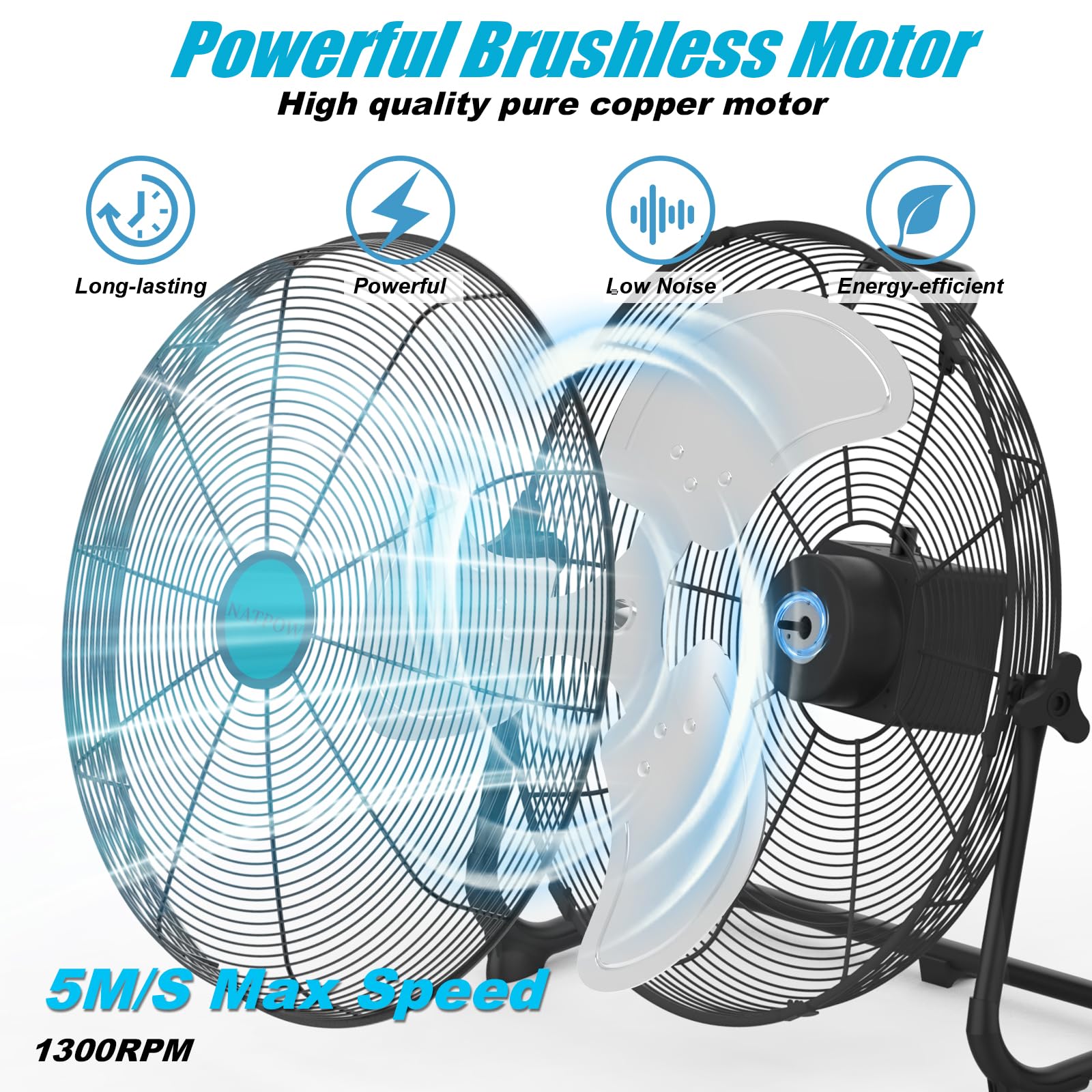NATPOW Ventilateur Compatible avec Makita 18V, 15W Brasseur d'air avec Type C et USB, 30 cm Ventilateur de Sol, Adaptateur 1,5 m Inclus, Silencieux pour Camping, Plage, Pêche, Chantier, sans Batterie