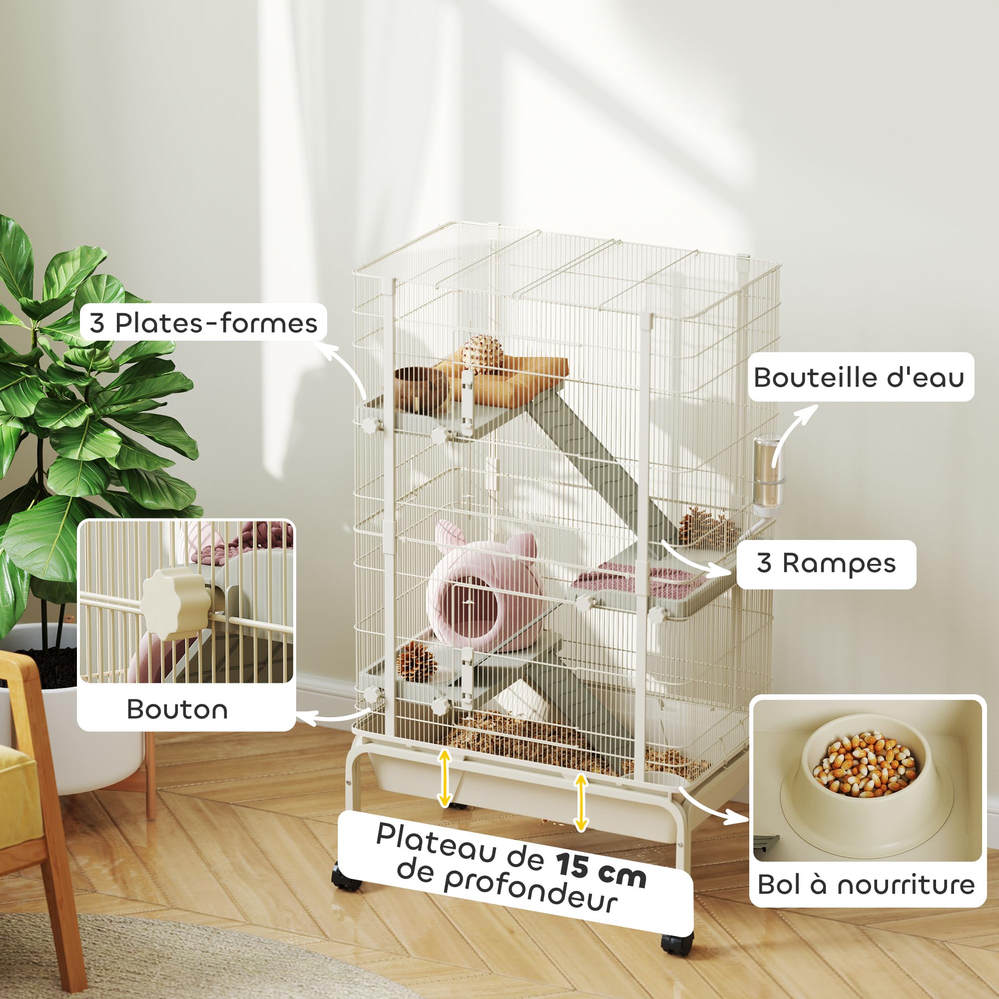 PawHut Cage Enclos Lapin à 4 Niveaux, 2 Portes 69 x 44 x 120 cm Beige | Parc Lapin pour Furets et Chinchillas, 3 Rampes, Plateau Profond de 15 cm, Roulettes, Bouteille d'Eau, Gamelle