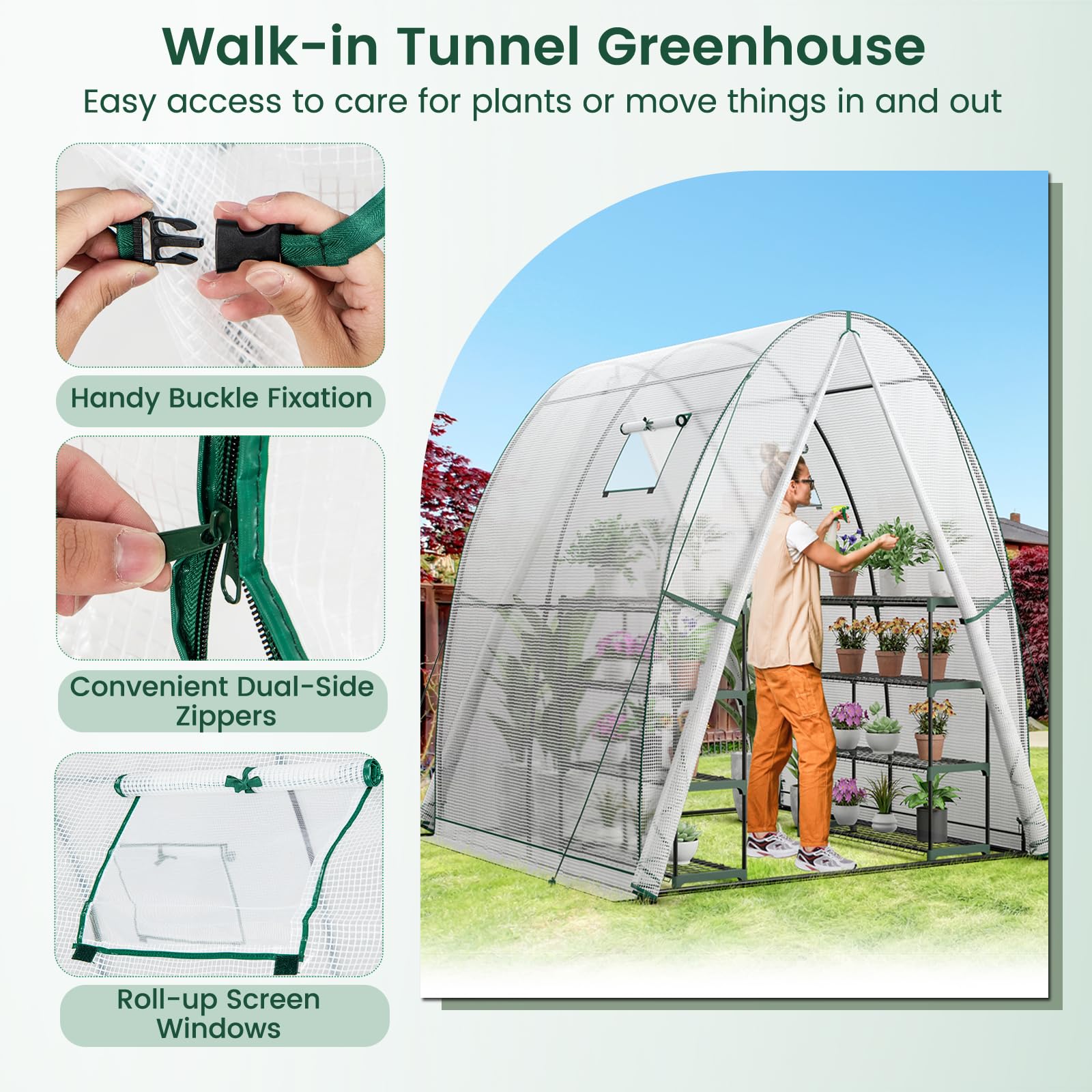 HOMASIS Serra Tunnel con Porta a Rullo e 2 Finestre, Serra da Giardino in PE e Telaio in Metallo, Serra da Balcone per Pomodori, 181 x 181 x 200 cm (Bianco)