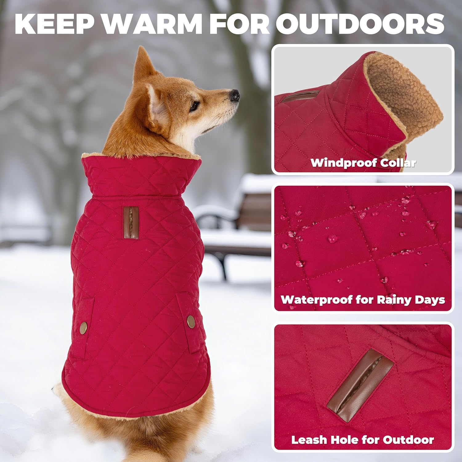 Dog Coat, Warm Soft Dog Winter Coats for Small Dogs, Waterproof Windproof Dogs Adjustable Jacket with Fleece Lined Turtleneck Doggy Snowsuit with Leash Hole, Red Large Large Red