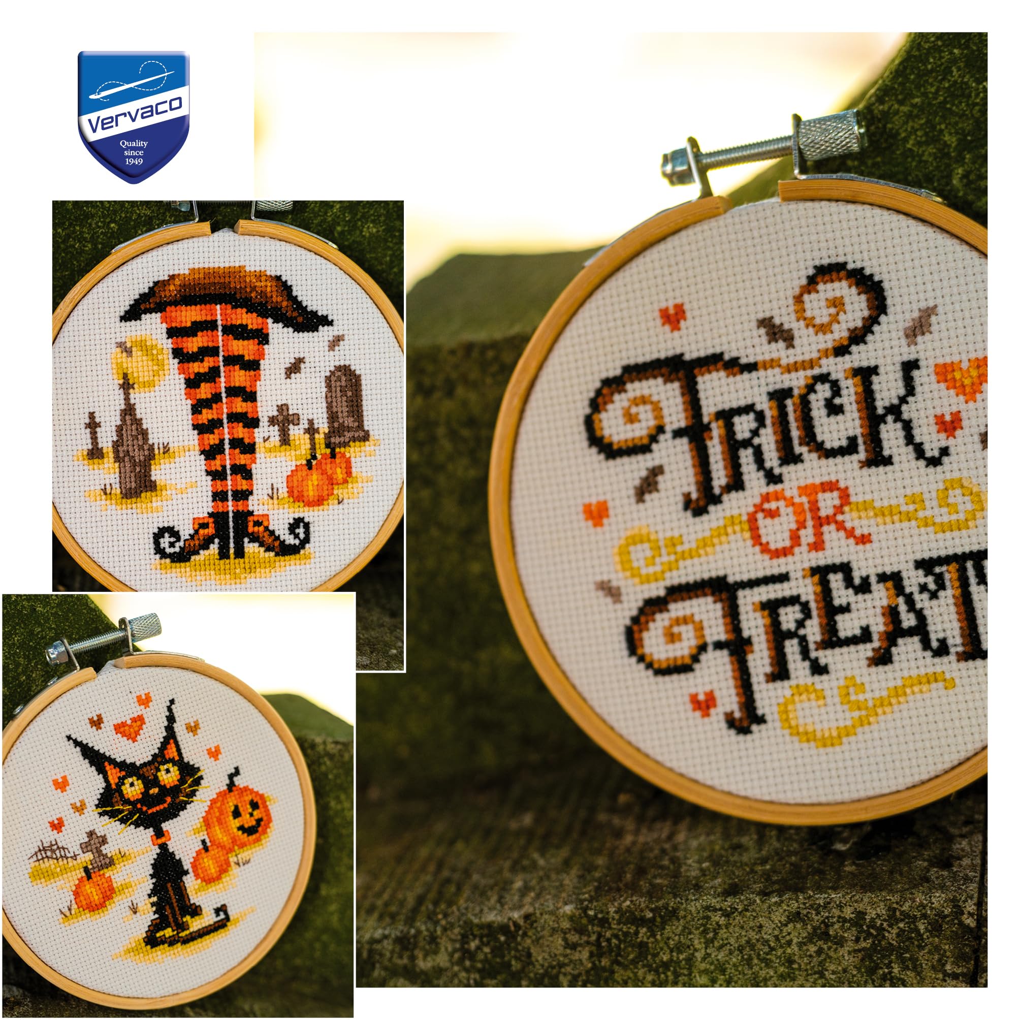 Kreuzstich Stickpackung Halloween 3er Set mit Stickrahmen, Zählmuster, 10x10cm