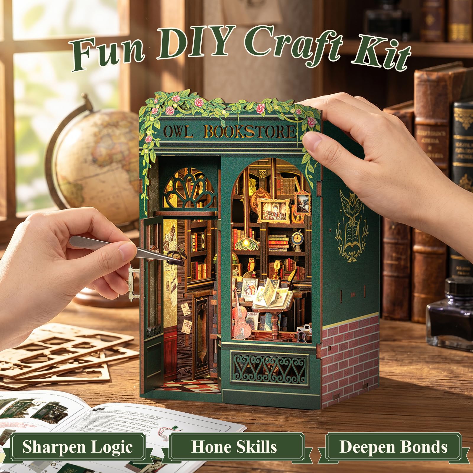 Cutefun Book Nook – 3D-Holzpuzzle für Erwachsene, 139-teiliges Miniatur-Haus Bausatz, DIY Bücherregal-Deko, 3D Puzzle, Geschenk für Frauen, Teenager & Buchliebhaber – OWL Bookstore