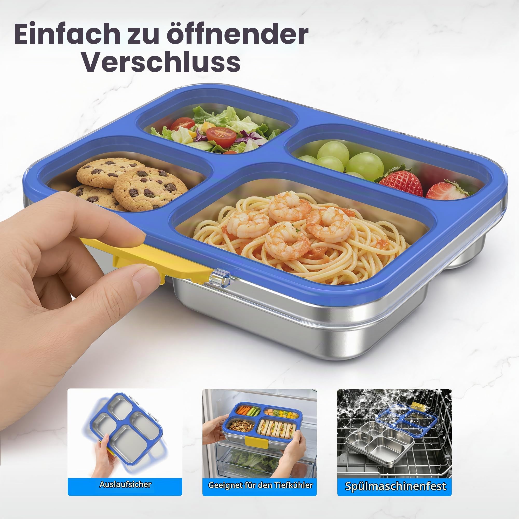 VITONIS Edelstahl Brotdose Kinder Metall Bento Lunchbox mit 4 Fächern, 930 ml Auslaufsichere Brotbox Sandwichbox Brotzeitdose Vesperdose Brotbüchse, Spülmaschinenfest Blau