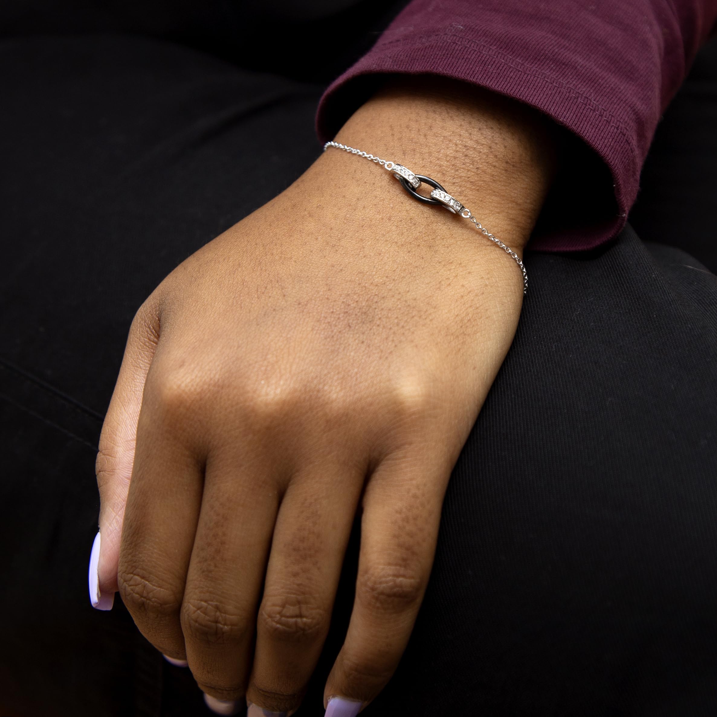 Tuscany Silver Bracciale regolabile da donna in argento sterling con ceramica nera ovale e zirconi placcato rodio 15.25cm/6"–18cm/7"