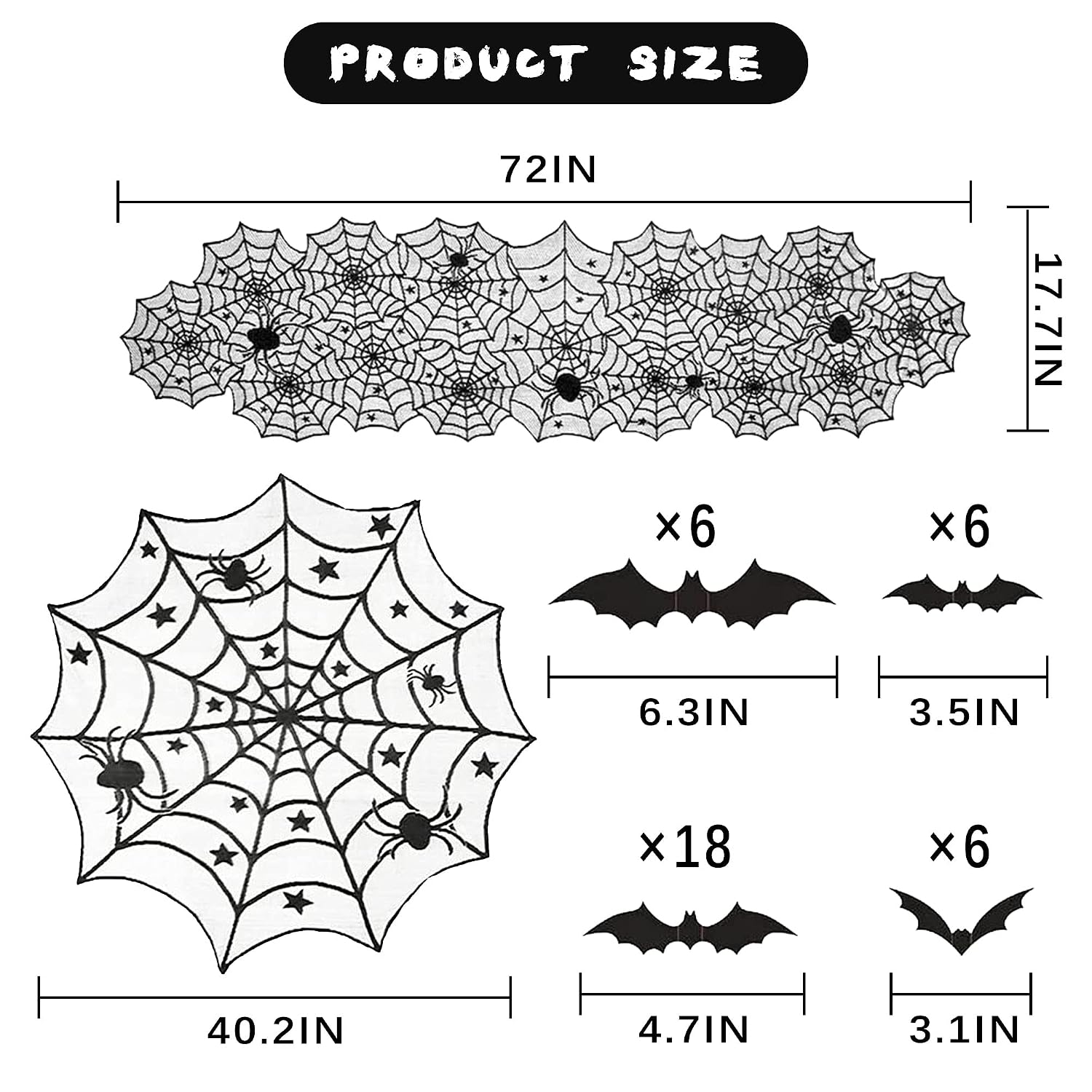 5Pcs Halloween Decorations Sets Spider Webs Tablecloth Round Spider Cobweb Table Cover Spiderweb Fireplace Scarf Spider Lampshade with 36pcs Scary 3D Bat for Halloween Party Decor