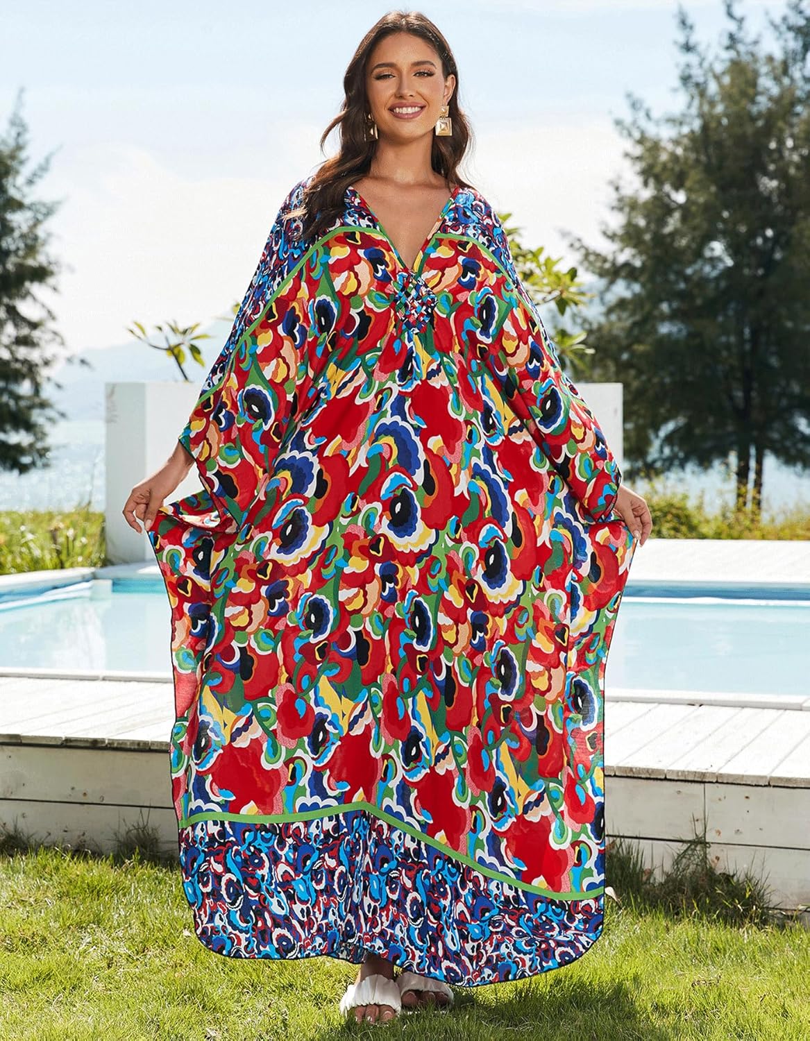 Women’s Floral Print 3/4 Sleeve V-Neck Kaftan Dress - Plus Size Beach Bathing Suit Swim Cover-Up - Image 2
