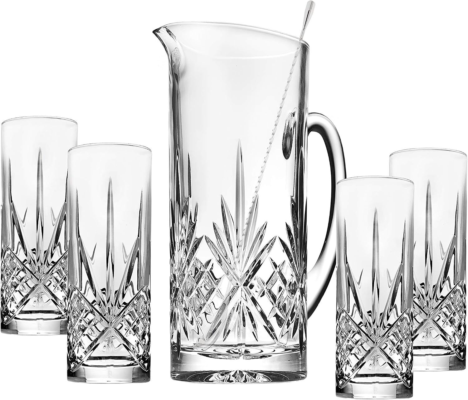 Godinger Barware Beverage Set - Mixing Pitcher Carafe, Stirrer and 4 Collins Tall Drinking Glasses - Dublin Collection