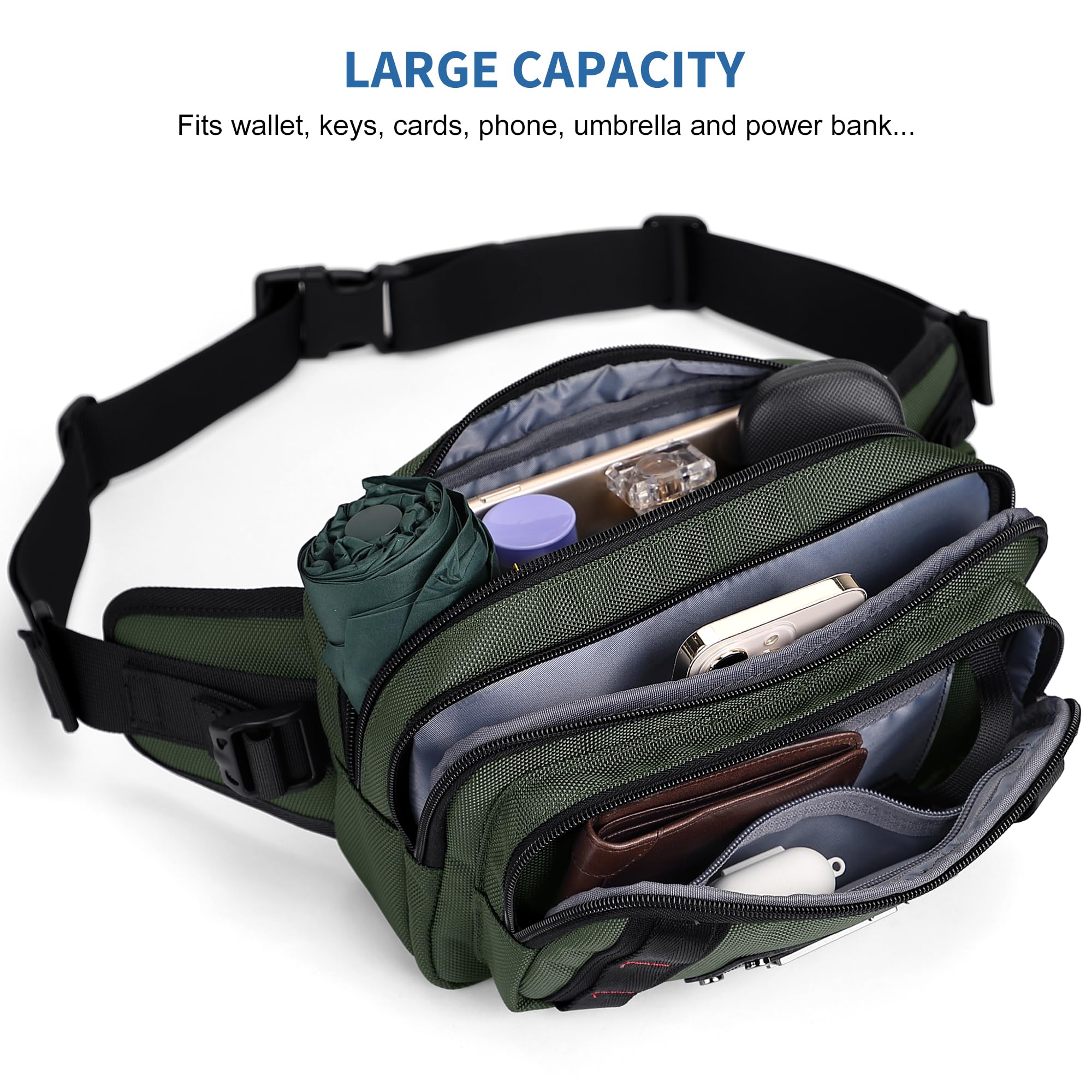 Witzman Sac Banane pour Homme, Sac Ceinture Décontracté Résistant À L’Eau | Sacoche 4L, Poche Anti-Vol Arrière, Compatible Grand Téléphone, Parfait Pour Voyage, Randonnée, Course , Vert