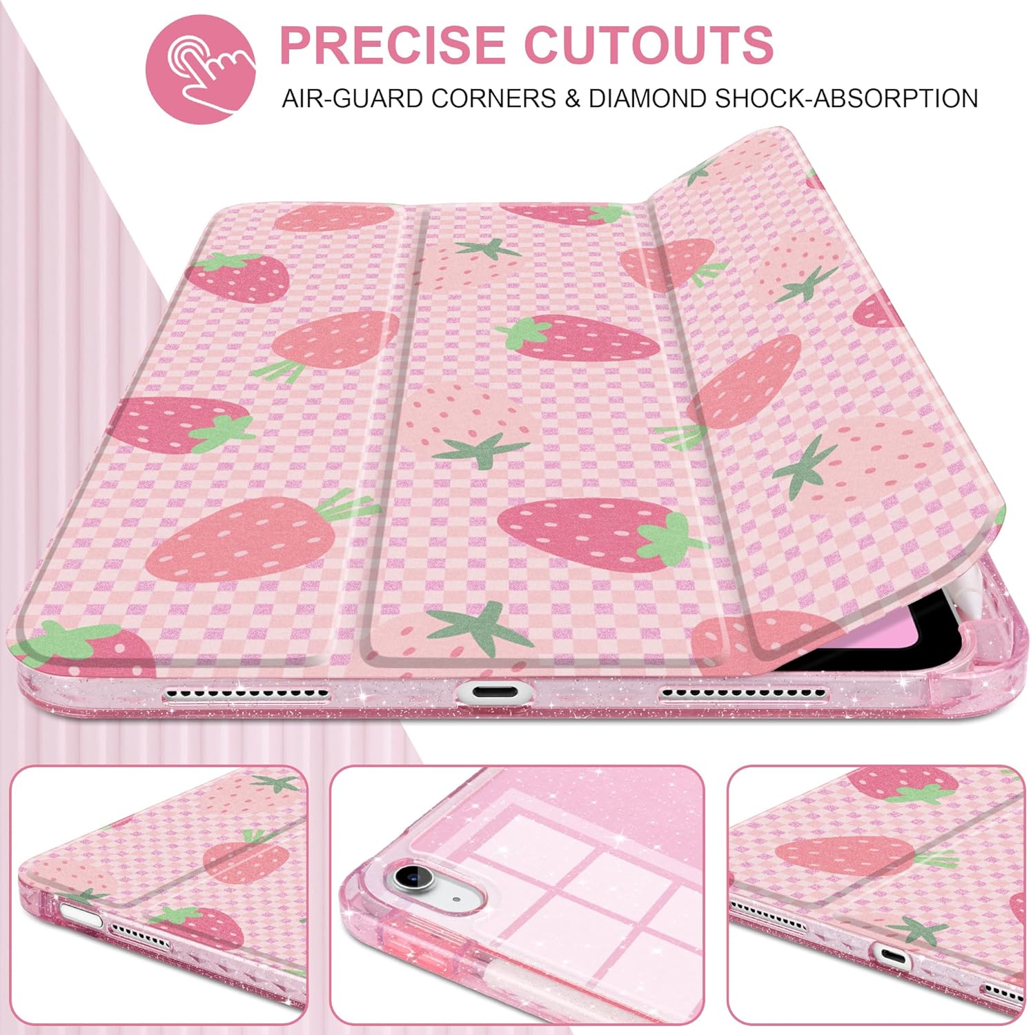 Sparkle Case for iPad 11th Generation (A16) 11 inch 2025 /iPad 10th Gen 10.9 2022 - Premium Satin-Touch Cover, Embedded Glitter Clear Back, Cute Trifold Protective Skin - Strawberry Gingham