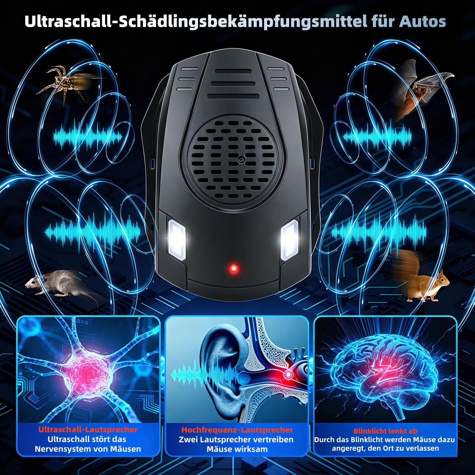 Ultraschall Marderabwehr für Auto Motorraum, Autobatteriebetriebene Marderabwehr im Ultraschall, Ultraschall 12V mit LED Blitzlicht Effektive Vertreibung gegen Mäuse: Hält Ratten und Mäuse von Autos