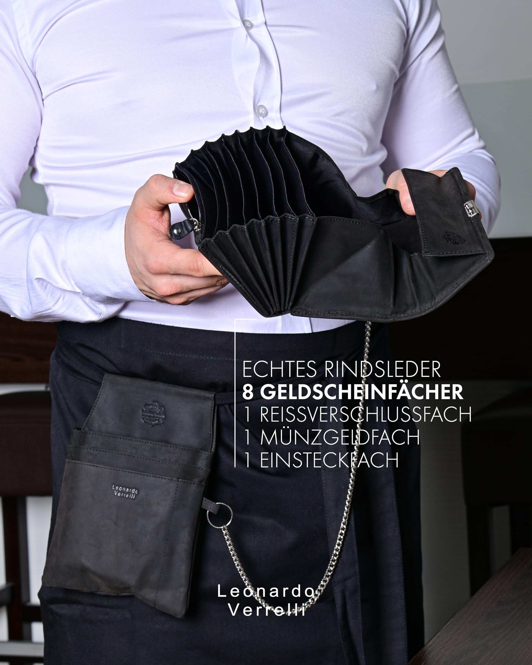 Kellner Geldbörse, aus Leder, Kellnerbörse, Geldbeutel, Taxi, Damen Herren Portemonnaie mit oder ohne Holster, Steck-Tasche, mit Kette und großem Münzfach in schwarz (Schwarz)