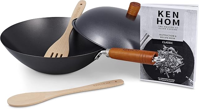Ken Hom KH331051 Carbon Steel Non Stick Wok Set | 31 cm | Classic | Non-Induction/Wooden Handle/Flat Base Pan | Includes Wok With Lid, Wooden Wok Utensils & Recipe Book | Not Dishwasher Safe