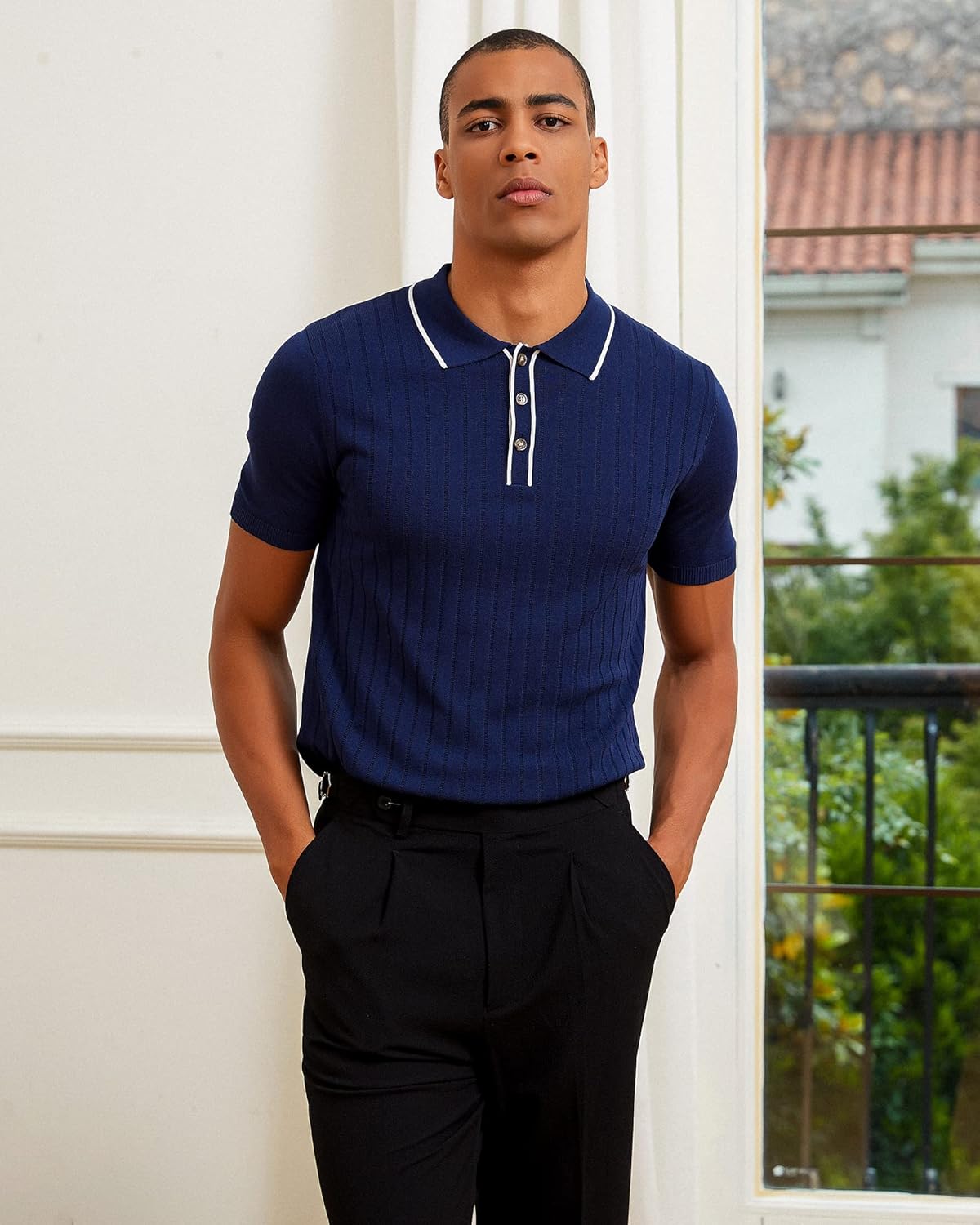 Kallspin Men's Vintage Knitted Polo Shirt Short Sleeve Solid Collared Golf Shirts with Button - Image 2