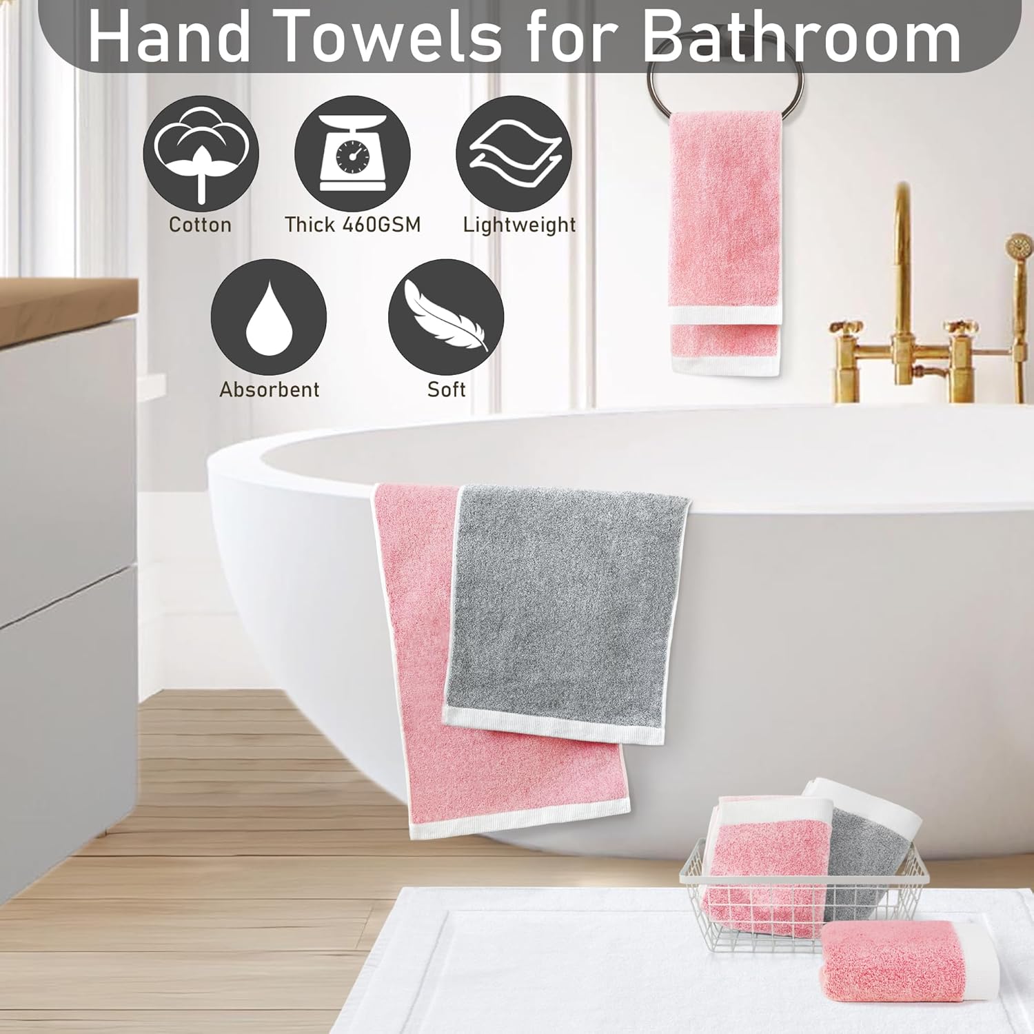 Bathroom Hand Towels Set of 4, 13"x28" - 100% Cotton | Soft | Thick 460GSM | Absorbent | Fluffy | Terry Cloth, Plush Hand Towels for Showering & Bathroom, Grey and Pink Towel with White Trim - Image 4