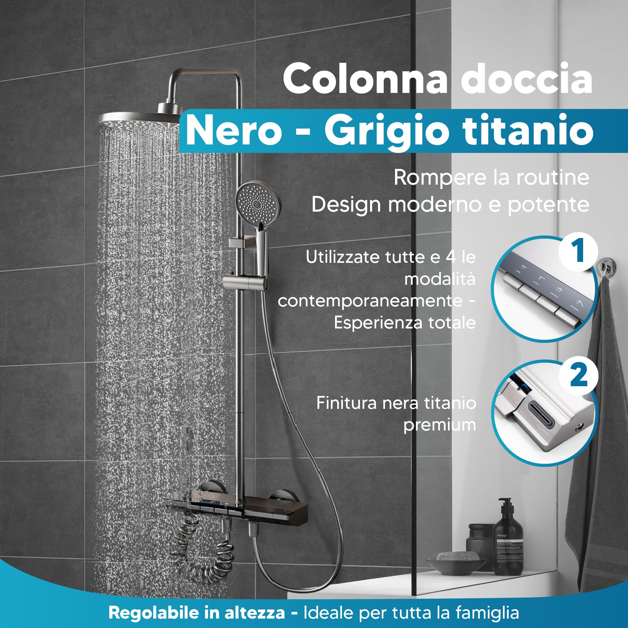 INEX EUROPA Colonna doccia nero grigio titanio con testa rotonda - colonna doccia 4 modalità e altezza regolabile - testa, getto, rubinetto e soffione doccia - 10 anni di garanzia