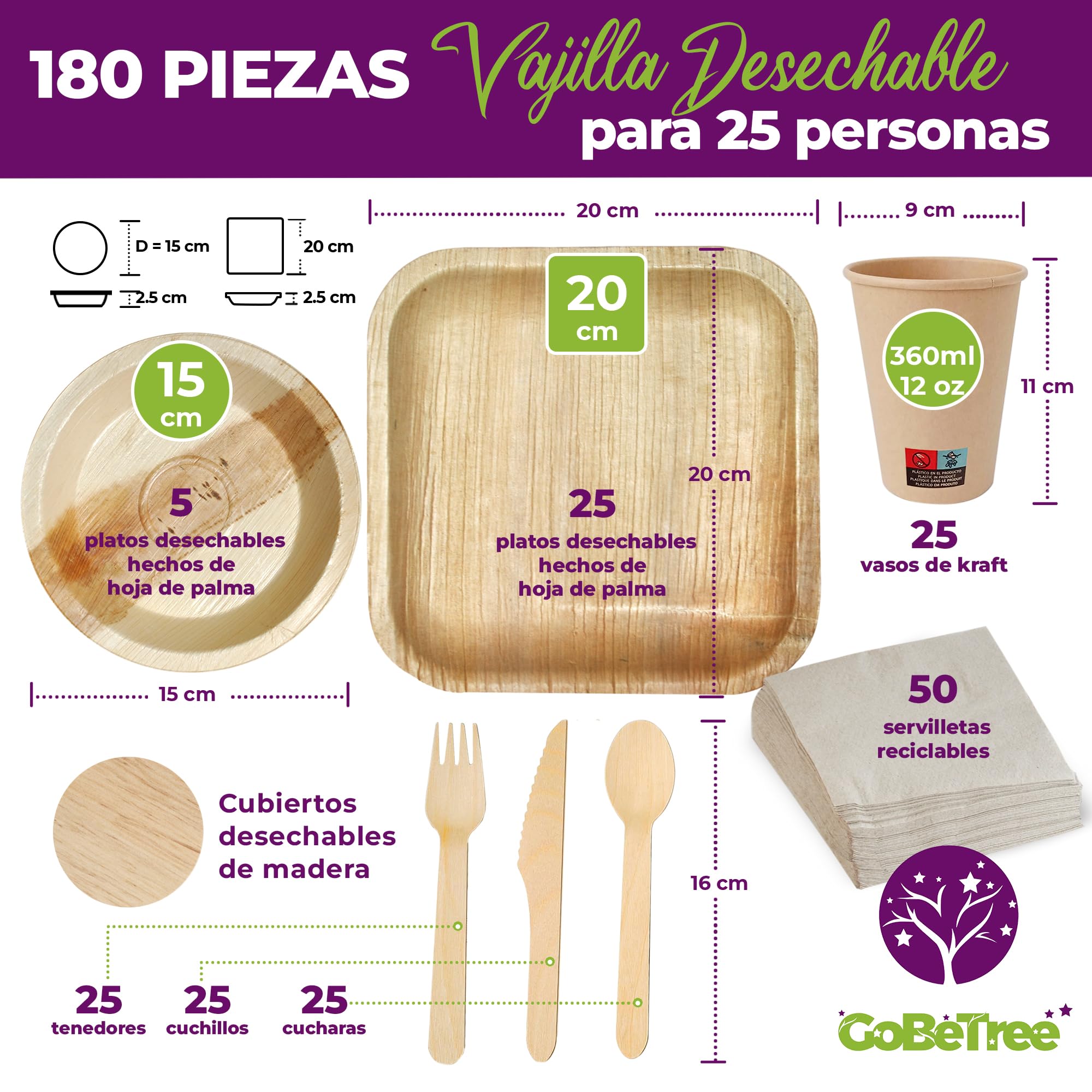 GoBeTree Vajilla Desechable Hoja de Palma 180 Piezas para 25 Personas. Set Completo con Platos, Vasos, Cubiertos y Servilletas para Cumpleaños, Catering y Buffet — Look Similar al Bambú