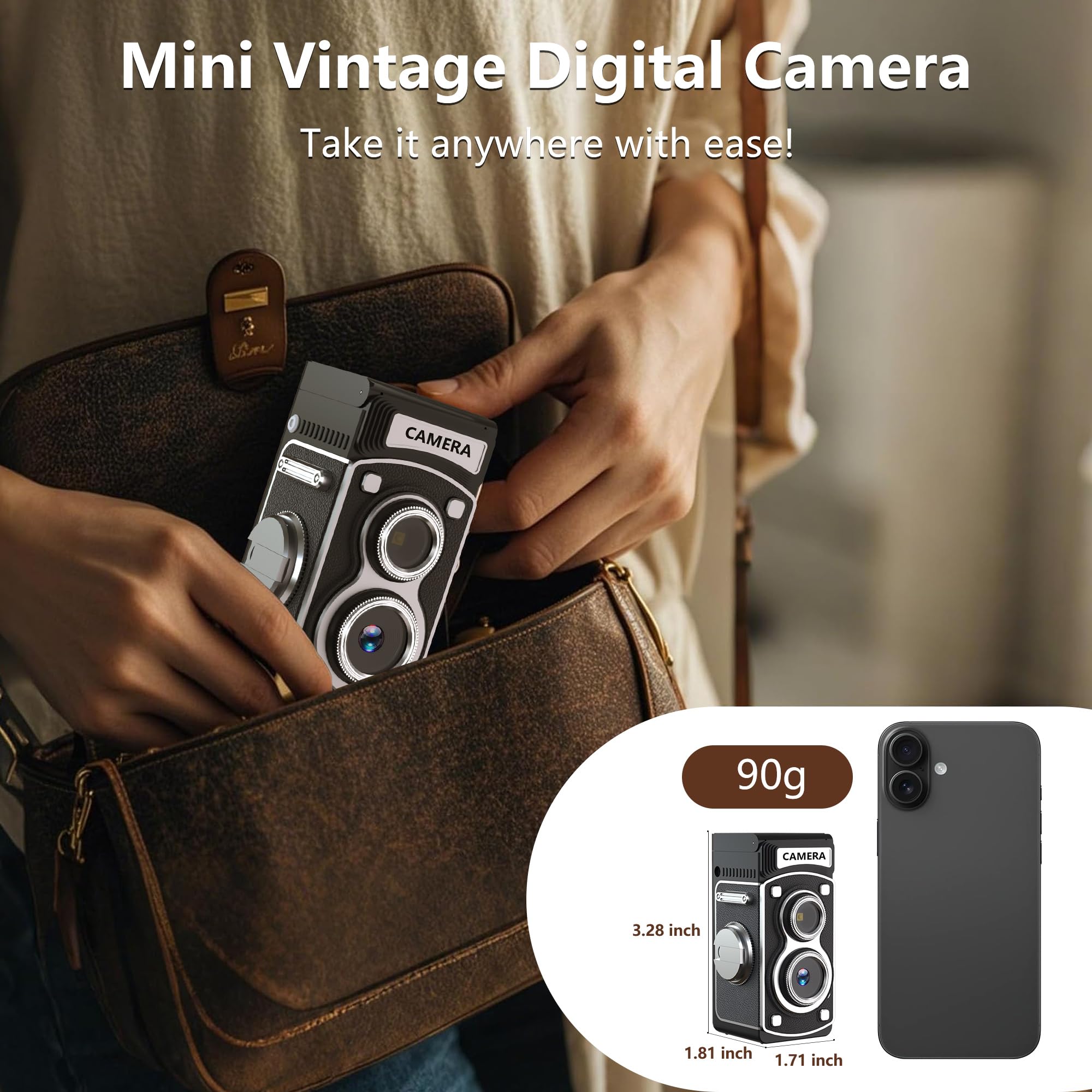 Mini fotocamera digitale vintage – 1080p FHD Retro TLR Style Point and Shoot messa a fuoco automatica, fotocamera compatta e portatile Volgging con scheda da 32 GB, ideale per principianti