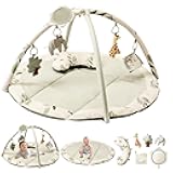 Fortella Baby Play Gym & Activity Mat, Tummy Time Mat w 5 Detachable Toys and Pillow, Large Sensory Playmat for Floor, Newborn Infant Baby Essentials Shower Gift 0-3-6-9-12 Months (Sage Green)
