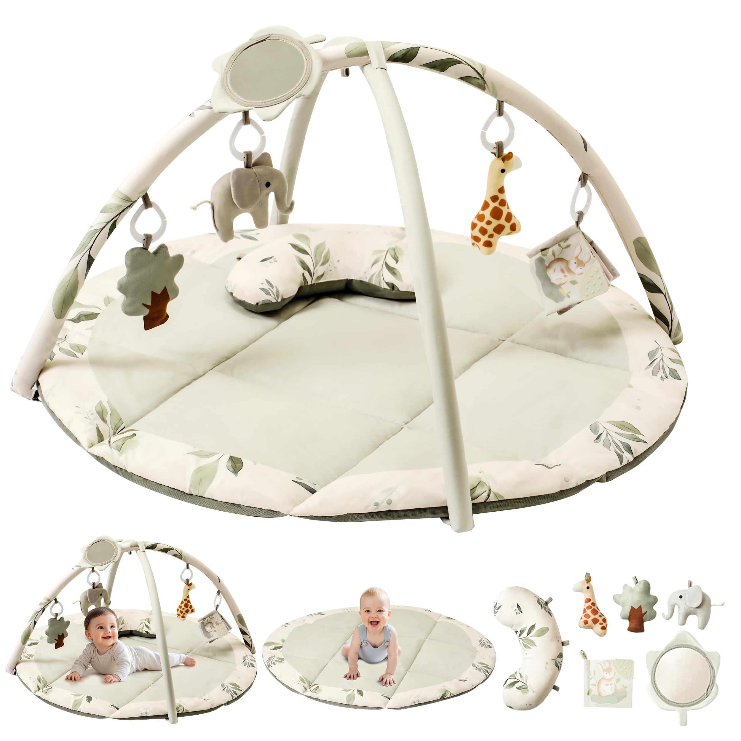 Fortella Baby Play Gym & Activity Mat, Machine Washable & Foldable Tummy Time Mat with 5 Detachable Toys, Certified Safe Newborn Essentials Gift for