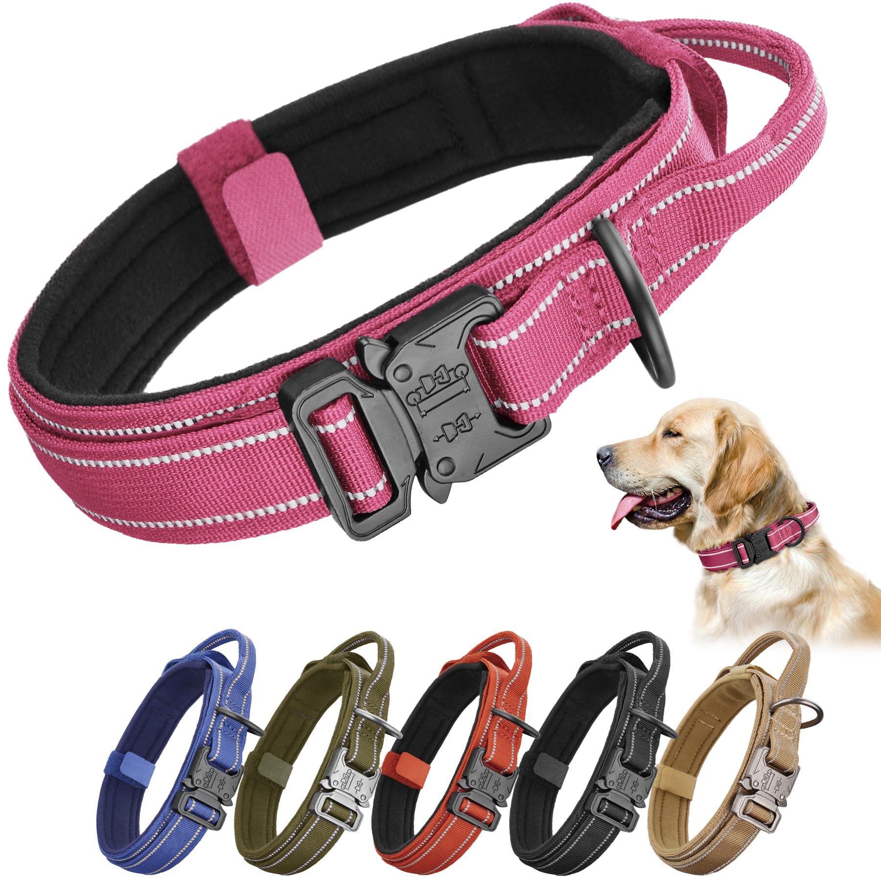KCUCOP Tactical Dog Collar for Medium & Large Dogs - Military Nylon Heavy Duty Collar with Handle, Reflective Strip & Metal Buckle for Training,
