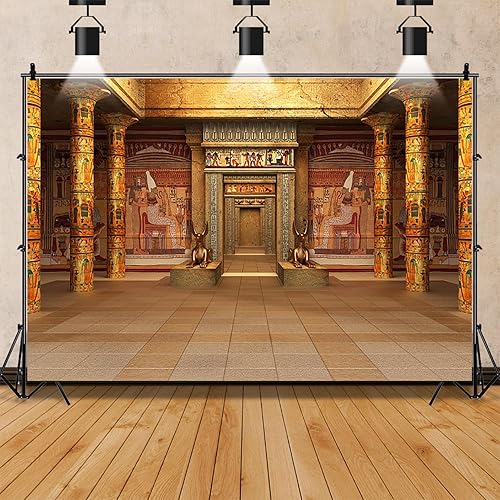 Miniatura 7 de AOFOTO Telón de fondo hipóstico del templo egipcio de 15 x 8 pies, diseño de arqueología, palacio dorado del Egipto con mural de pared jeroglífico,