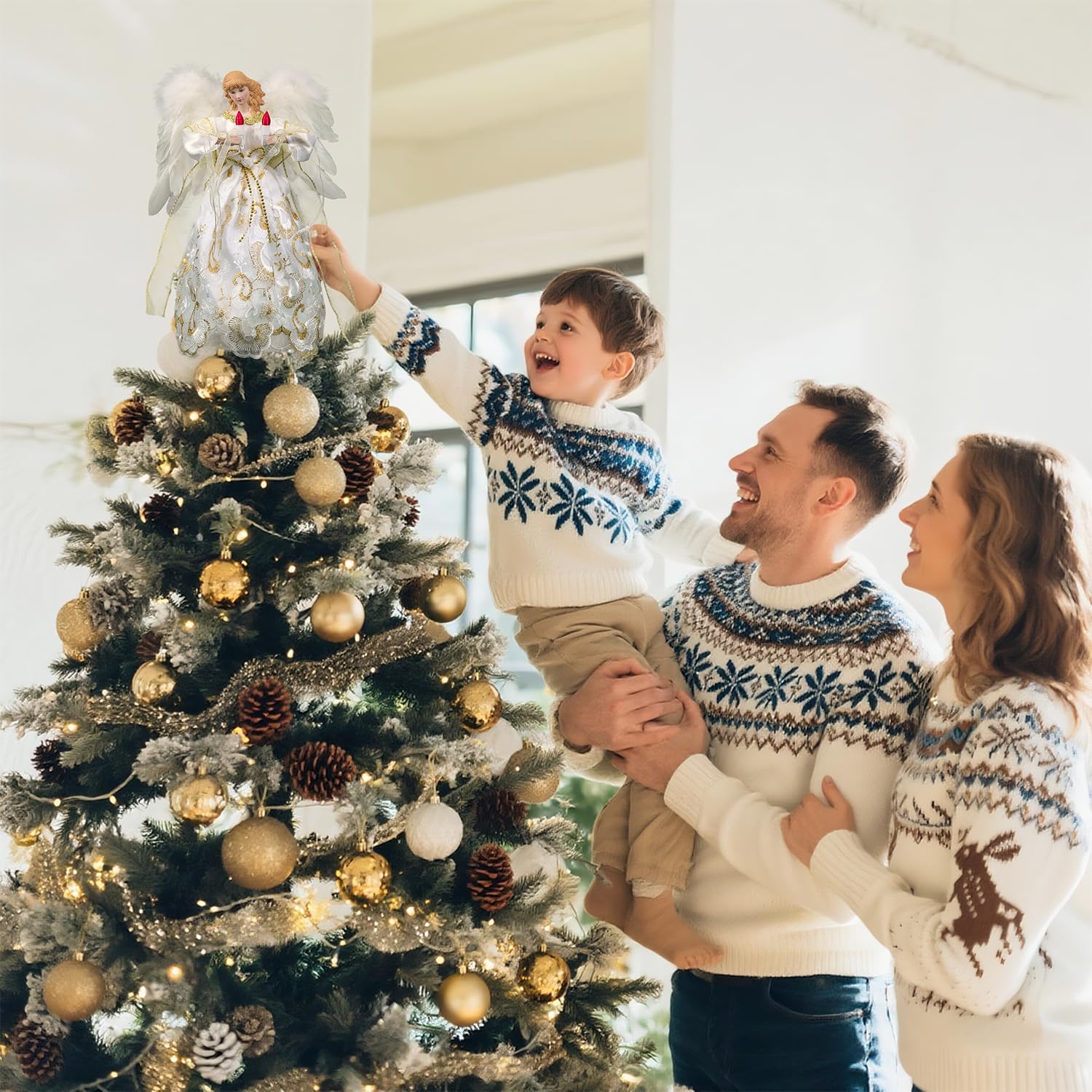 Decoración para árbol de ángel de Navidad con alas móviles, decoración navideña (marfil y dorado)