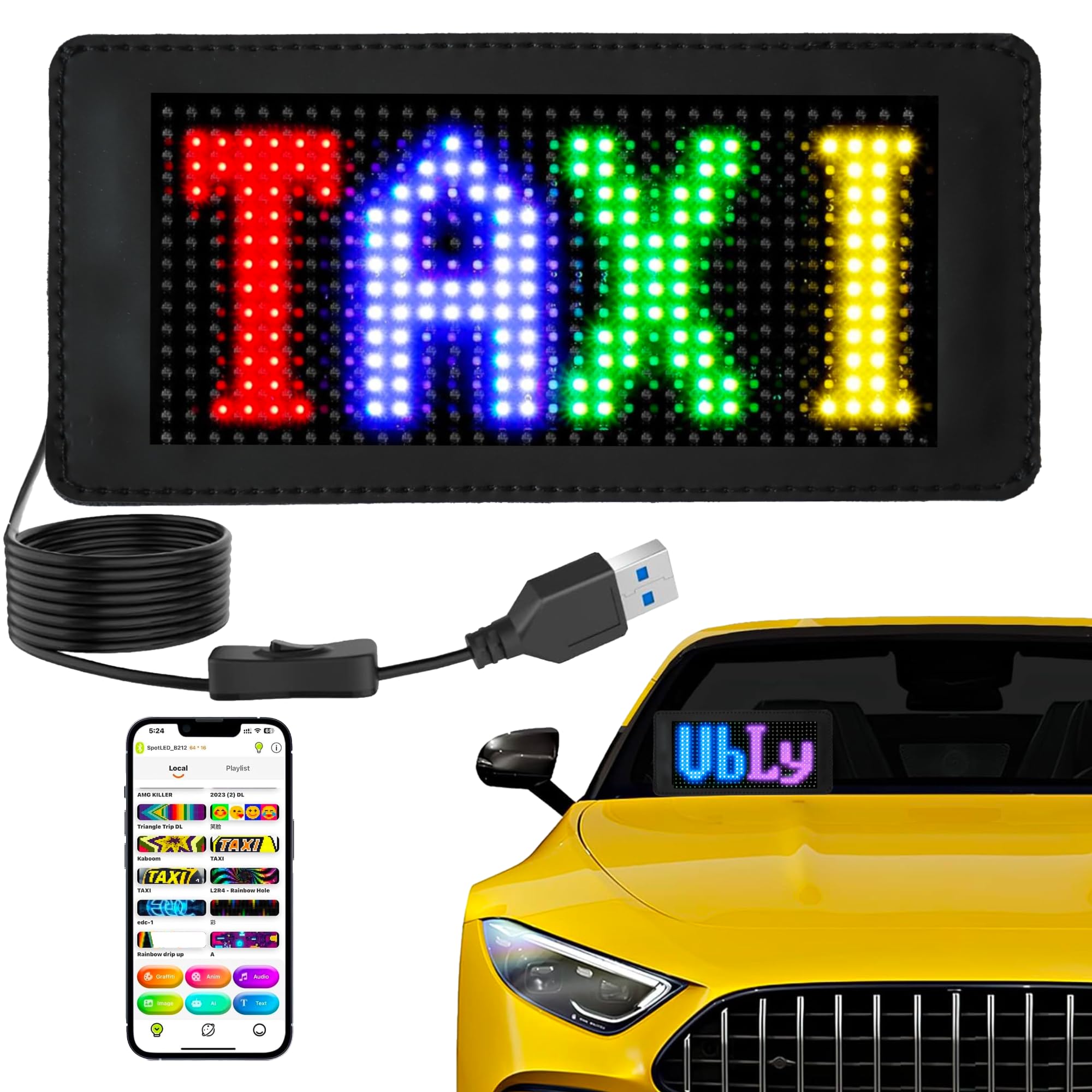 LED Sign for Car, 7''x3'' Flexible LED Light Signs Bluetooth APP Control DIY Programmable Custom Scrolling LED Message Display for Car Party Wedding Festival Hotel Windshield Store Music Event