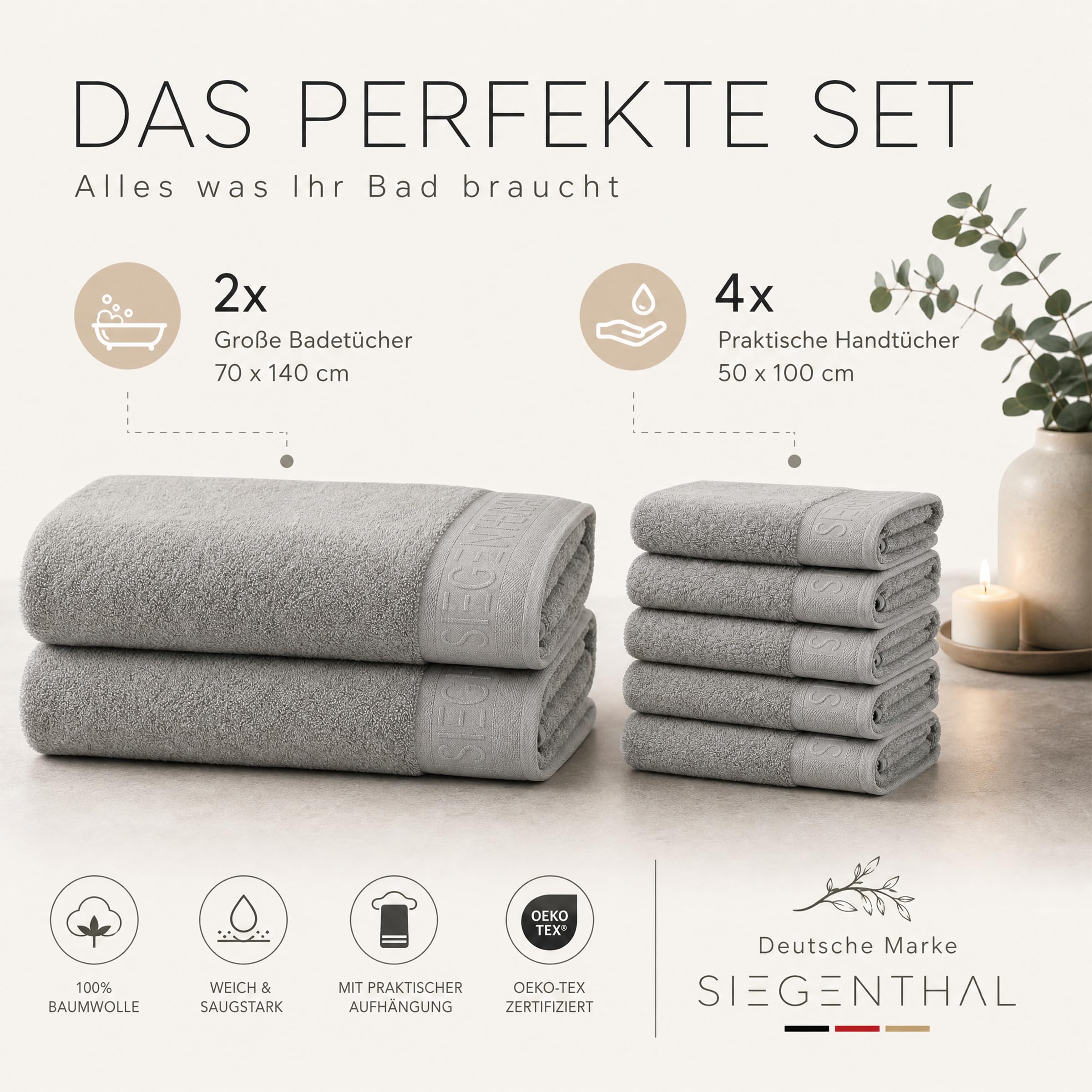 Handtuch Set 6-teilig aus 100% Baumwolle – 2 Badetücher 70x140 cm & 4 Handtücher 50x100 cm für Bad & Gäste-WC, Weich, Saugstark, Schnelltrocknend - Hellgrau