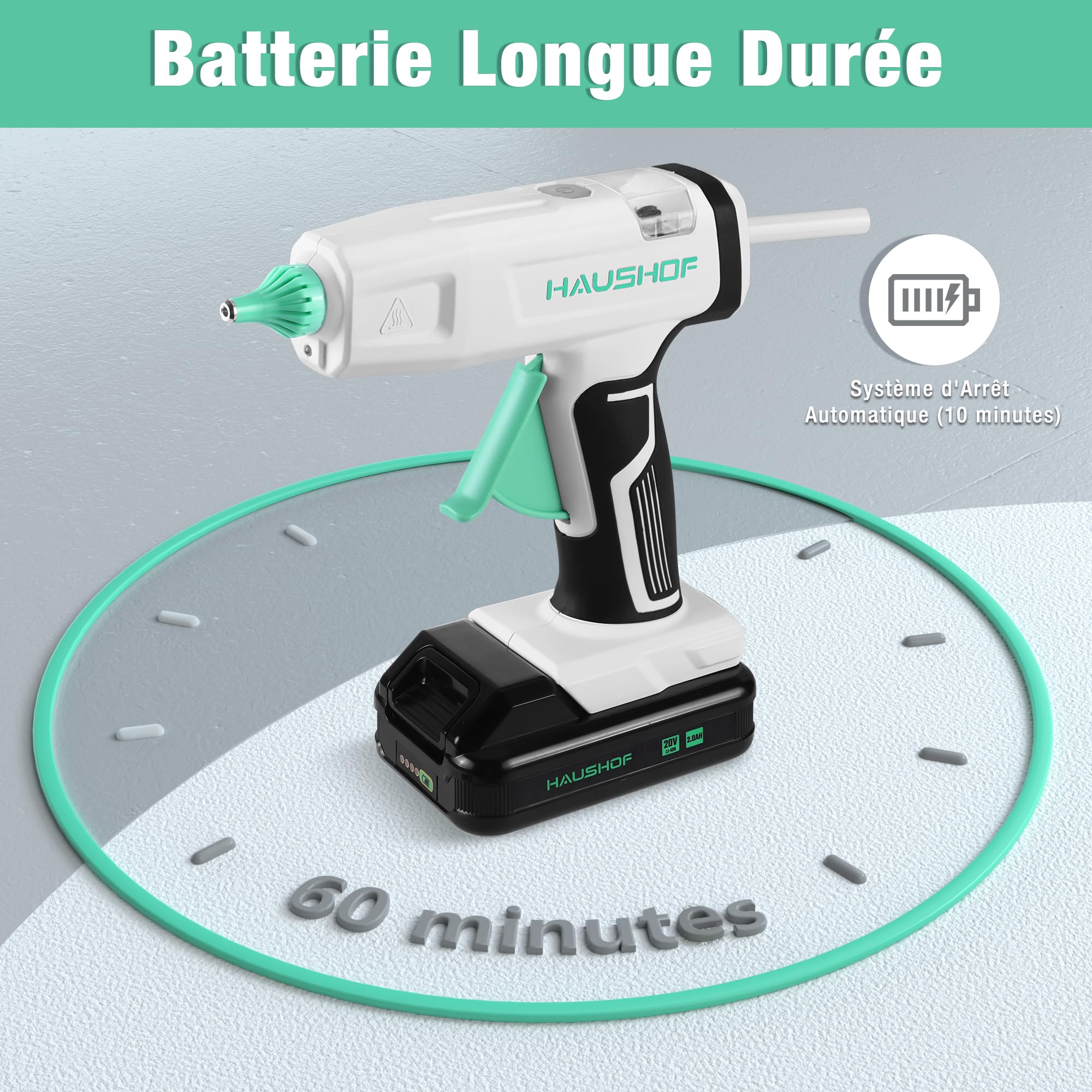 HAUSHOF Pistolet à Colle Chaude Sans Fil 20 V avec Batterie et Chargeur | 20 Bâtons de Colle 11×150 mm, Arrêt Automatique, Chauffage Rapide pour Bricolage, Artisanat et Réparations Rapides