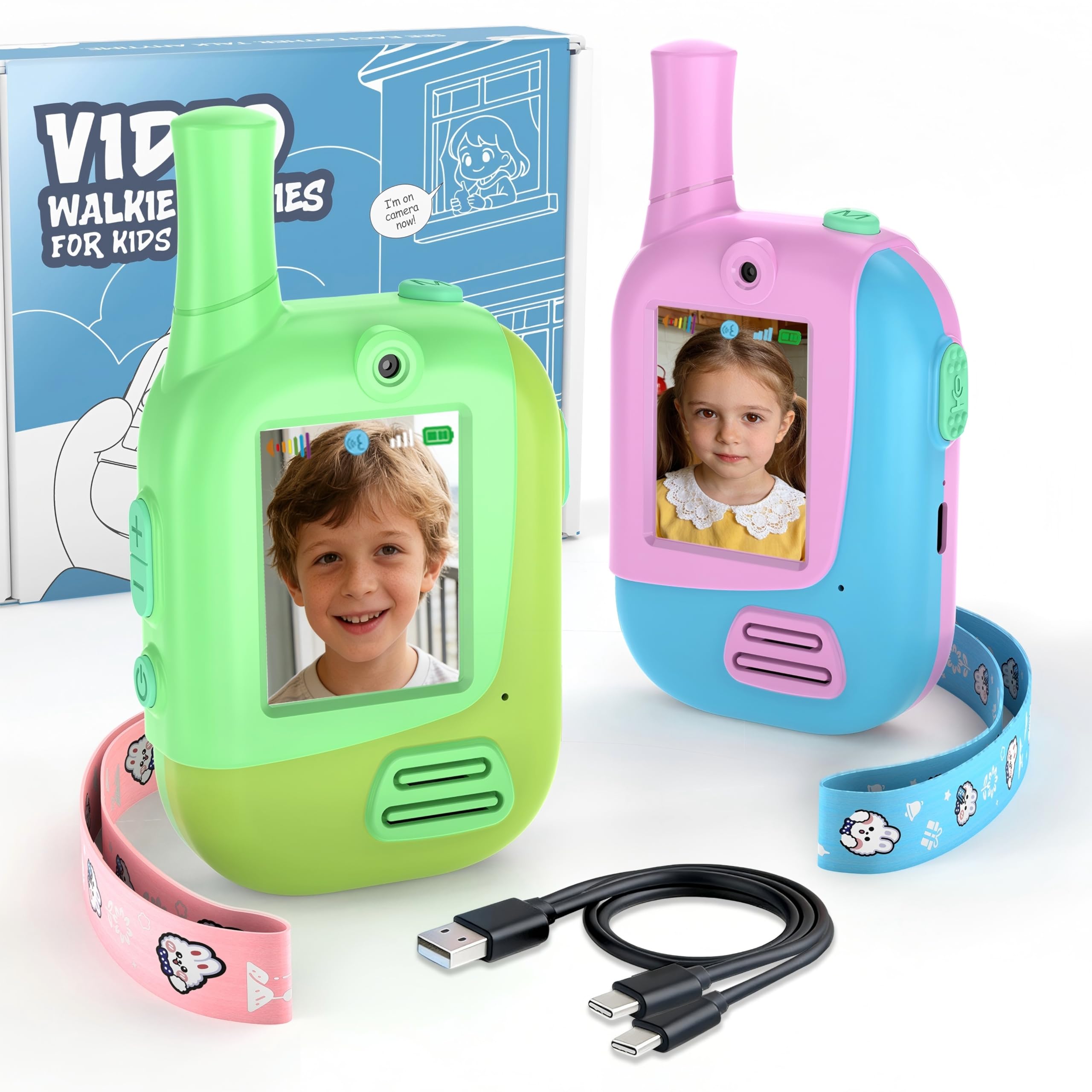Video Walkie Talkies for Kids 2 Pack,Toys Gifts for 3-12 Year Old Boys Girls,Rechargeable Kids Walkie Talkies with 4 Changer Voice for Outdoor Games Adventure Camping(Pink&Green)
