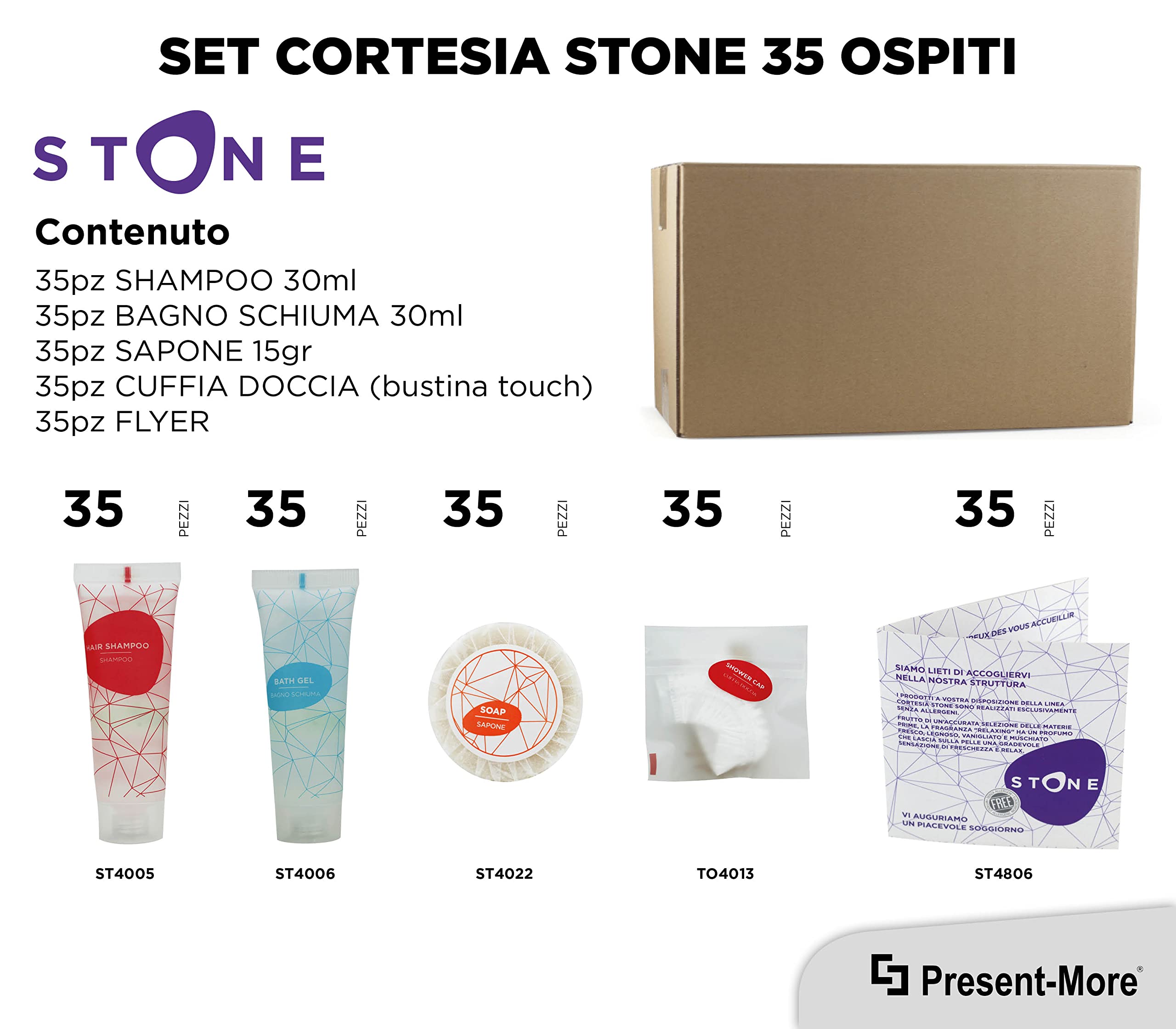 PRESENT-MORE - Set Cortesia 35 Ospiti Stone - Fragranza Relaxing - Contiene: Shampoo, Gel Doccia, Sapone e Cuffia - Per Hotel e B&B