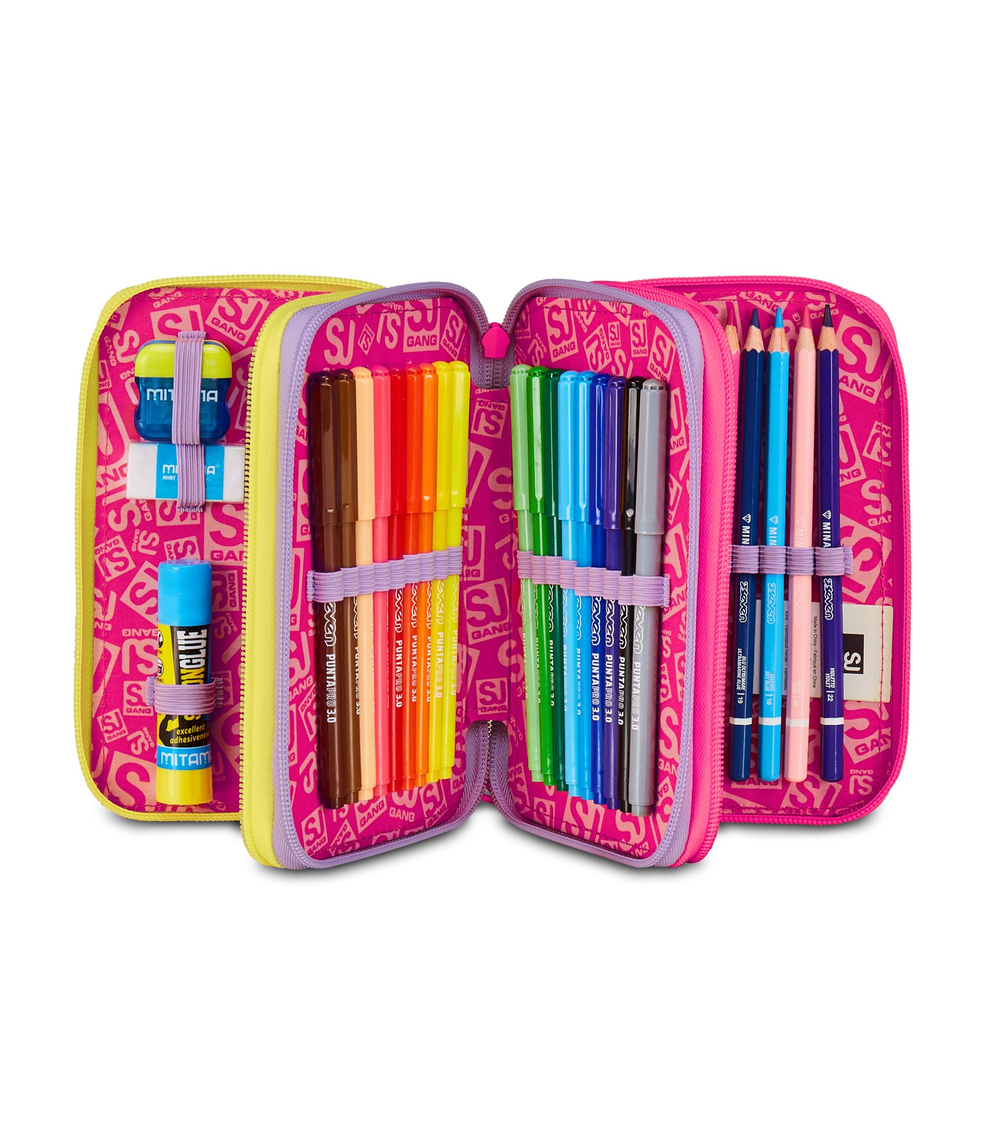 SJ GANG STYLE JAM GANG Astuccio Scuola 3 Zip Fable Journey, Rosa, Portapenne Triplo Scomparto Completo Di Penne, Matite, Colori, Accessori Zaino, Scuola Elementare, Bambina